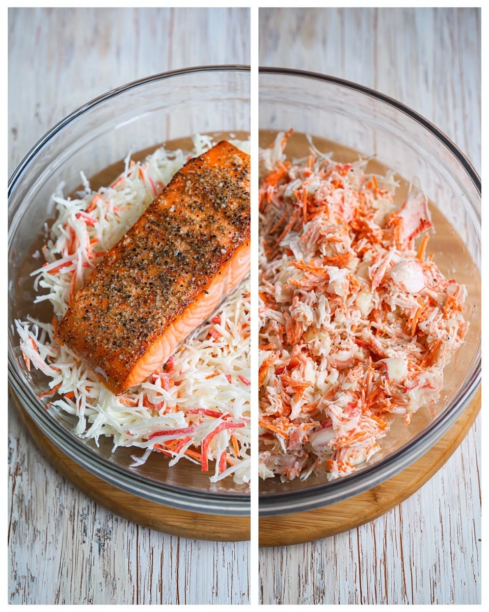 The image shows a clear glass bowl placed on a wooden surface with a white marbled texture. On the left side, the bowl contains a base layer of white and red shredded crab sticks, topped with a whole cooked salmon fillet seasoned with black pepper. On the right side, the contents are mixed, showing small chunks and flakes of salmon blended with the shredded crab sticks, creating a mixture of white, red, and orange colors with a moist texture. The mix appears evenly combined inside the bowl. Photo taken with an iphone --ar 4:5 --v 7