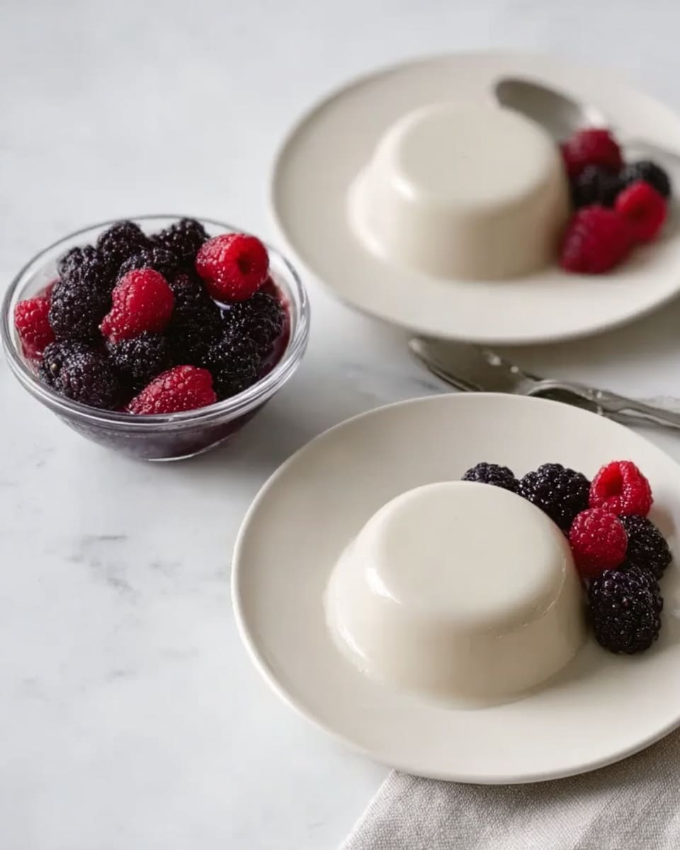 The image shows two servings of a smooth, pale white gelatin dessert on two white plates. Each dessert piece is round and shiny with a slightly wet surface. Next to one plate is a glass bowl filled with dark red and black berries, including raspberries and blackberries. The setting is on a white marbled surface with a silver spoon placed near one plate, giving a clean and simple look. The overall colors are soft white and dark red with a touch of metal shine from the spoon. photo taken with an iphone --ar 4:5 --v 7