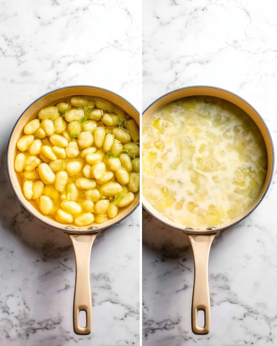 The image shows two side-by-side photos of a small round pan with a beige handle on a white marbled surface. In the left photo, the pan contains small, light yellow gnocchi pieces floating in a clear yellow oil or broth. In the right photo, the same pan shows the gnocchi mixed with a creamy sauce that has a slightly off-white color and a smooth texture, covering the gnocchi evenly. The pan is viewed from above, and the light reflects softly off the sauce in the second photo. photo taken with an iphone --ar 4:5 --v 7