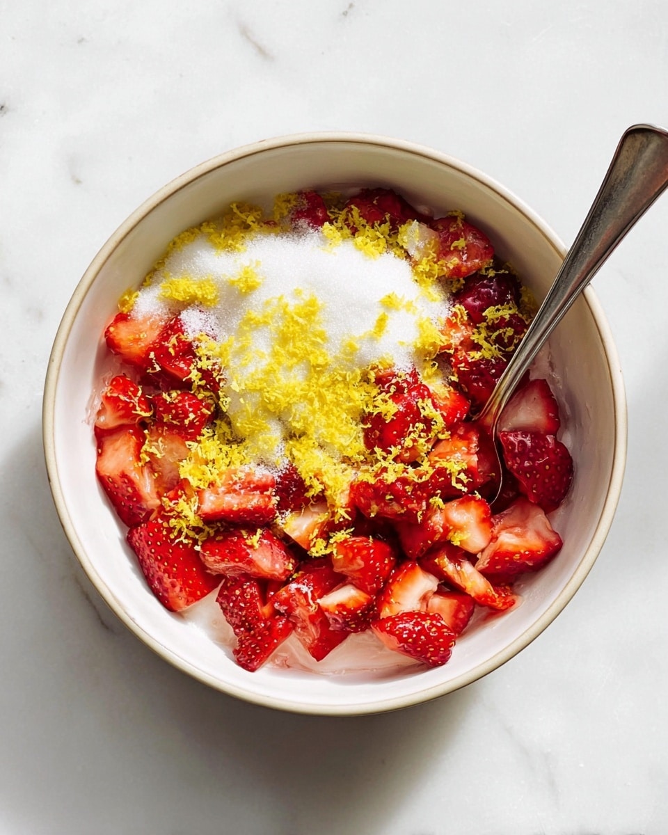 A white bowl filled with three main layers: the bottom layer is bright red chopped strawberries, the middle layer is white granulated sugar sprinkled unevenly, and the top layer is yellow lemon zest finely grated and scattered. A silver spoon rests inside the bowl on the right side, slightly buried in the strawberries. The bowl sits on a white marbled surface with soft natural light highlighting the colors and textures. Photo taken with an iphone --ar 4:5 --v 7