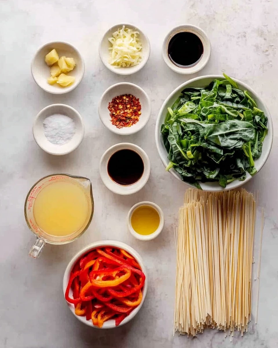 The image shows a collection of ingredients neatly arranged on a white marbled surface. On the top left, small white bowls hold minced ginger, garlic, and a dark soy sauce. To the right, a large bowl is filled with chopped leafy greens. Below these, a medium white bowl contains dried red chili flakes, and another small white bowl has a white powder, likely salt. A bundle of uncooked thin noodles lies next to the bowls on the right side. At the bottom left, a clear measuring cup is filled with a light yellow broth, next to a white bowl filled with thinly sliced red bell peppers. Small portions of a pale golden liquid, probably oil, are also present in small white bowls. Everything is organized neatly in a grid-like pattern. Photo taken with an iphone --ar 4:5 --v 7