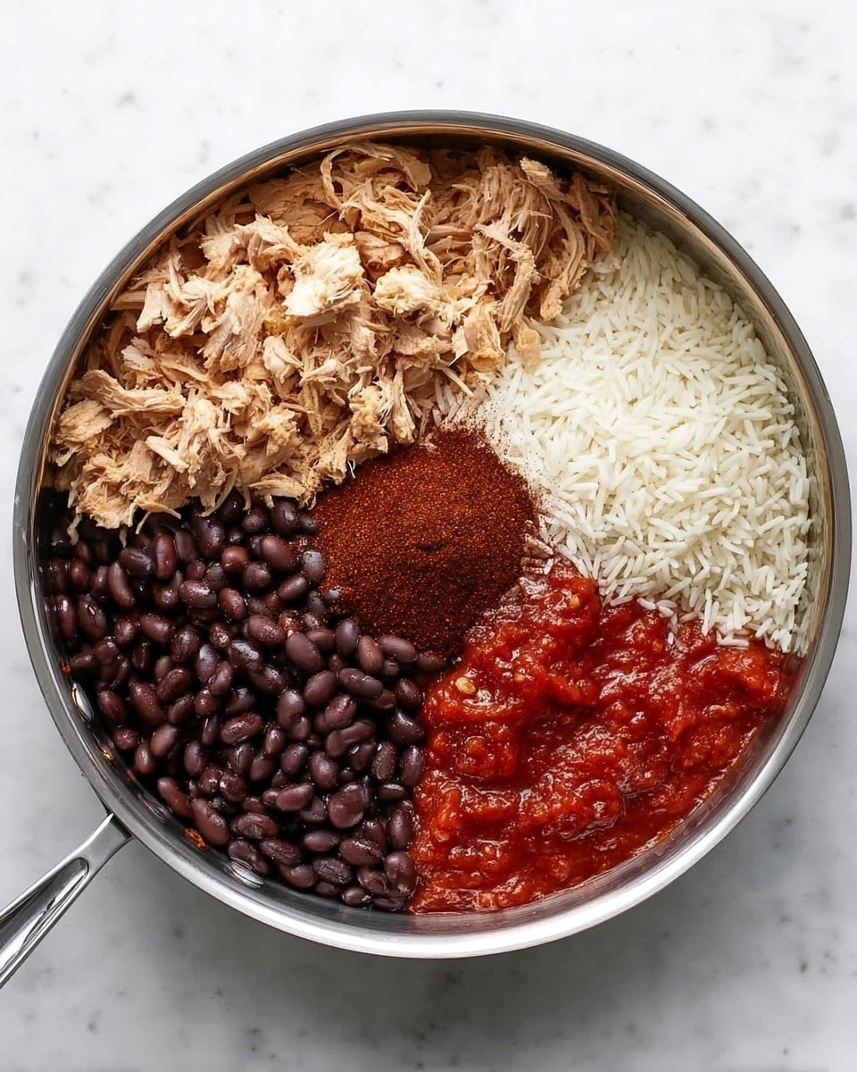 A shiny metal pan on a white marbled surface holds five separate layers of ingredients arranged like pie slices. Starting from the top left, there is a layer of shredded light tan chicken pieces with a rough texture. Next to it on the top right, there is a pile of dry white rice grains. In the center, a small mound of dark reddish-brown seasoning powder is visible. On the bottom right, a thick bright red sauce with small chunks is spread out. Finally, on the bottom left, there is a layer of shiny black beans with a smooth, glossy surface. Photo taken with an iphone --ar 4:5 --v 7