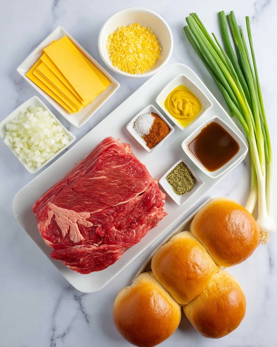The image shows a white rectangular plate holding a large, raw red piece of meat with visible marbling on top, placed on a white marbled surface. Below it, there are small white square bowls containing chopped white onions, crushed yellow garlic, smooth yellow mustard, black pepper and salt, dark brown sauce, and a mix of red spices with green herbs. To the left of the bowls, there is a stack of thin yellow cheese slices and a stick of unsalted butter. On the right side, there are fresh green onion stalks standing upright, and at the bottom right, six golden-brown bread rolls are placed close together forming two rows of three. Photo taken with an iphone --ar 4:5 --v 7