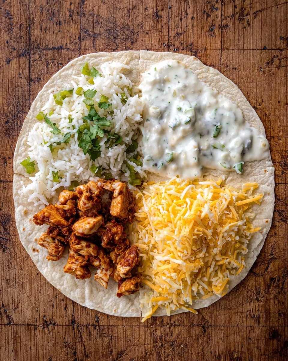 A soft white tortilla is divided into four sections with different ingredients on top, resting on a wooden textured surface. The top left quarter has cooked white rice mixed with finely chopped green jalapeno and small bits of fresh cilantro. The bottom left quarter holds small pieces of cooked reddish-brown seasoned chicken on a light layer of shredded pale yellow and white cheese. The top right quarter spreads a creamy white sauce with green herb bits smoothly over the tortilla. The bottom right quarter is covered with a pile of shredded yellow cheese. The image is clear and bright, showing textures well. Photo taken with an iphone --ar 4:5 --v 7
