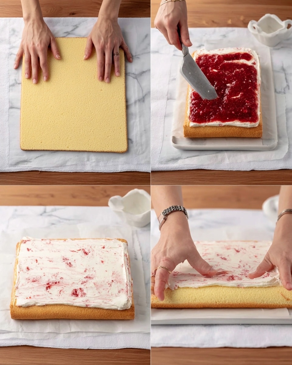 The image shows four steps of making a rolled dessert on a wooden table with a white cloth. First, two woman's hands are placing a square light yellow sponge cake layer on the cloth. In the second step, a woman's hand spreads a bright red jam evenly on the cake layer using a small silver spoon. Next, a creamy white layer mixed with red bits is spread smoothly over the jam using a knife, covering the entire cake surface. Finally, a woman's hands start rolling the cake from the bottom edge, showing the layers tightly packed together. The background is a white marbled texture photo taken with an iphone --ar 4:5 --v 7