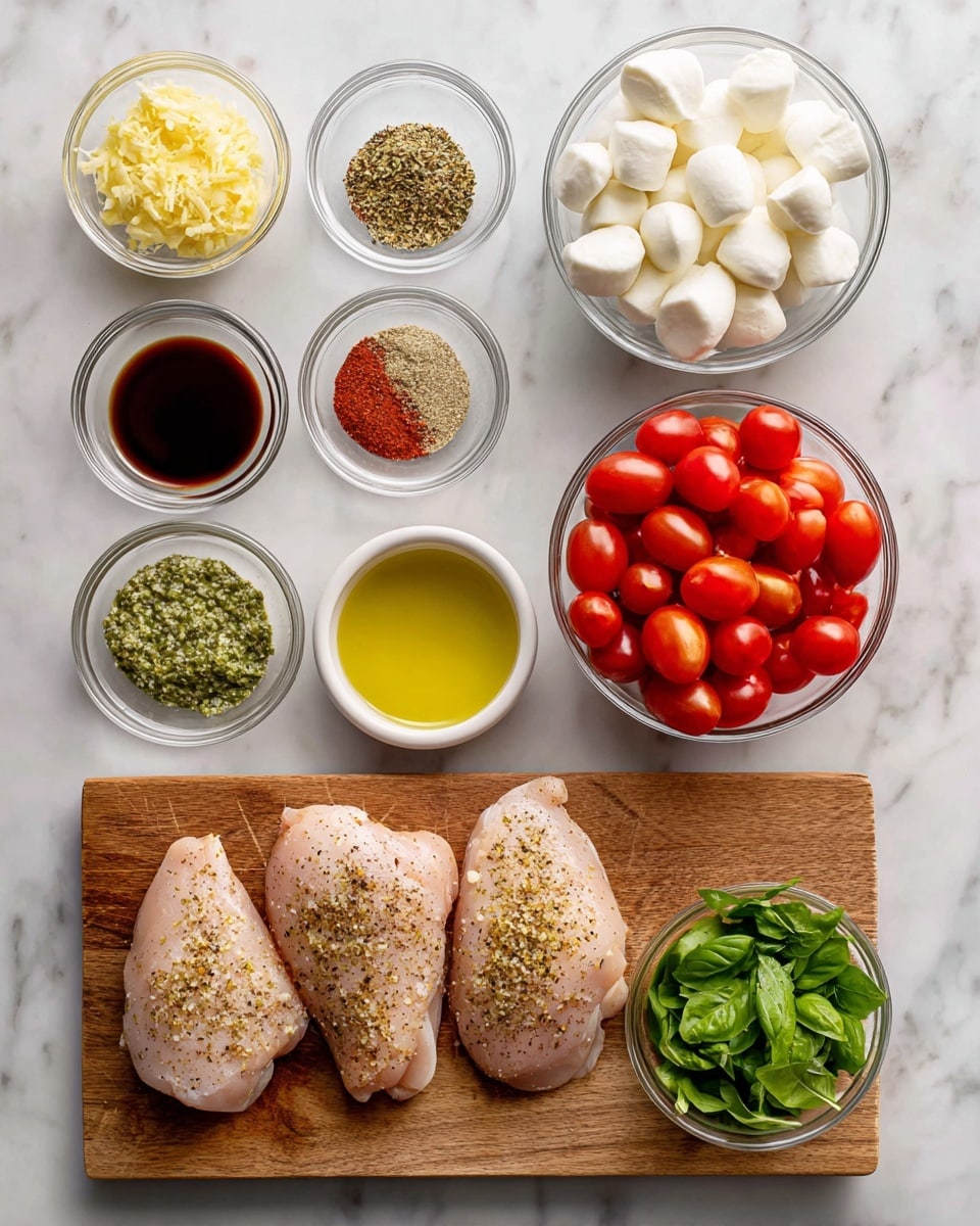 The image shows a top view of cooking ingredients arranged neatly on a white marbled surface. In the center bottom, there are three seasoned raw chicken pieces on a wooden cutting board. Above them and spaced out, there are clear glass bowls containing different ingredients: to the left, minced garlic, thick yellow mustard, black pepper, salt, and Italian seasoning in small bowls, with honey and balsamic vinegar in slightly larger bowls below them. In the center top, a bowl of bright red halved cherry tomatoes sits next to a bowl of small white mozzarella balls. To the right, there's a small bowl filled with chopped green basil and below it a small bowl with yellow avocado oil. The organization forms a clean, orderly arrangement of fresh ingredients ready for cooking. Photo taken with an iphone --ar 4:5 --v 7
