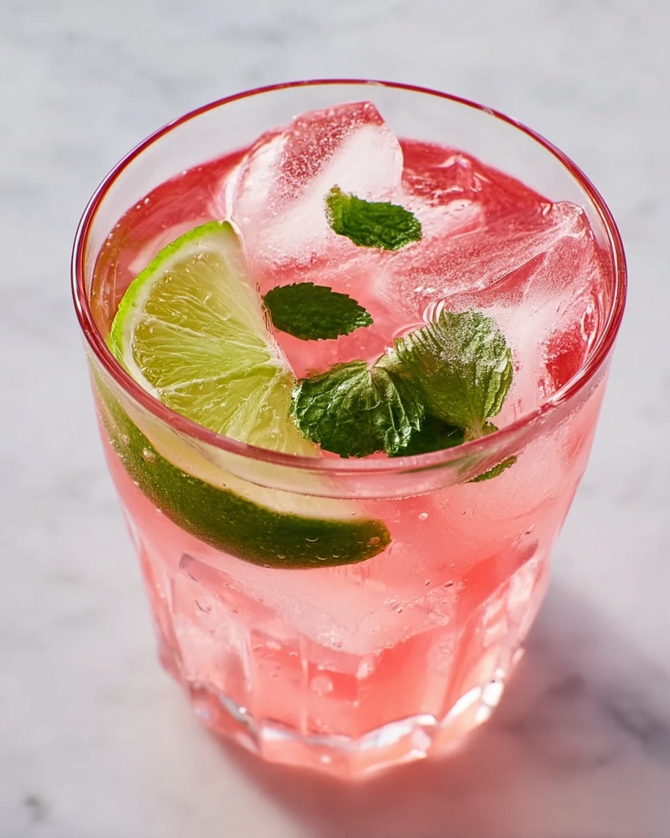 A clear glass filled with a pink drink, containing several large ice cubes inside. Floating near the top are bright green mint leaves and a thin slice of lime with a vibrant green outer edge and a lighter green inside. The glass sits on a white marbled surface, and the drink looks refreshing with light reflections on the ice and glass. Photo taken with an iphone --ar 4:5 --v 7
