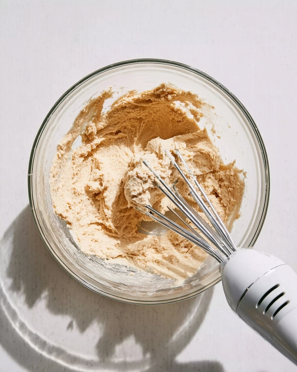 A clear glass bowl filled with a light brown, thick creamy mixture that looks soft and fluffy. The mixture has a slightly rough texture with some small lumps and smooth areas. A white electric hand mixer with metal beaters is resting inside the bowl, partially covered in the same mixture. The bowl is placed on a white marbled surface which reflects light gently, creating soft shadows around the bowl and mixer. photo taken with an iphone --ar 4:5 --v 7