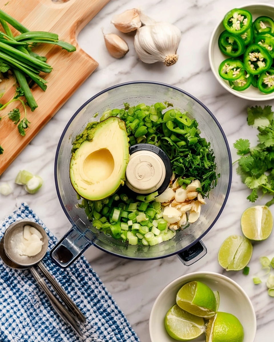 In the clear food processor bowl, there is one half of an avocado with a smooth, pale green inside placed near the center alongside chopped green onions with round, bright green pieces scattered around. There are sliced green jalapeños at the top edge, fresh green cilantro leaves on the right side, and minced garlic cloves near the bottom outside the bowl. The ingredients sit on a white marbled surface with lime halves showing a light green, juicy inside on the right side and a small white bowl with sliced jalapeños next to them. Measuring spoons and a blue and white checkered cloth are on the left side of the scene. Photo taken with an iphone --ar 4:5 --v 7