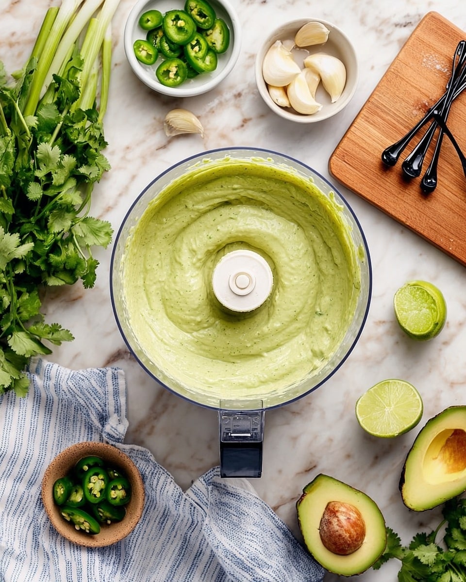 A clear food processor bowl filled with one thick layer of smooth, creamy, light green sauce with tiny darker green flecks spread evenly inside. Around the bowl on a white marbled surface, there are halved fresh green avocados with a brown seed in one half, a small white bowl of sliced green jalapeños, halved limes showing the fragrant interior, a few whole green onions, a small white bowl holding peeled garlic cloves, a bunch of fresh green cilantro, a small wooden board with three black measuring spoons stacked on it, and a white cloth with blue stripes. Photo taken with an iphone --ar 4:5 --v 7