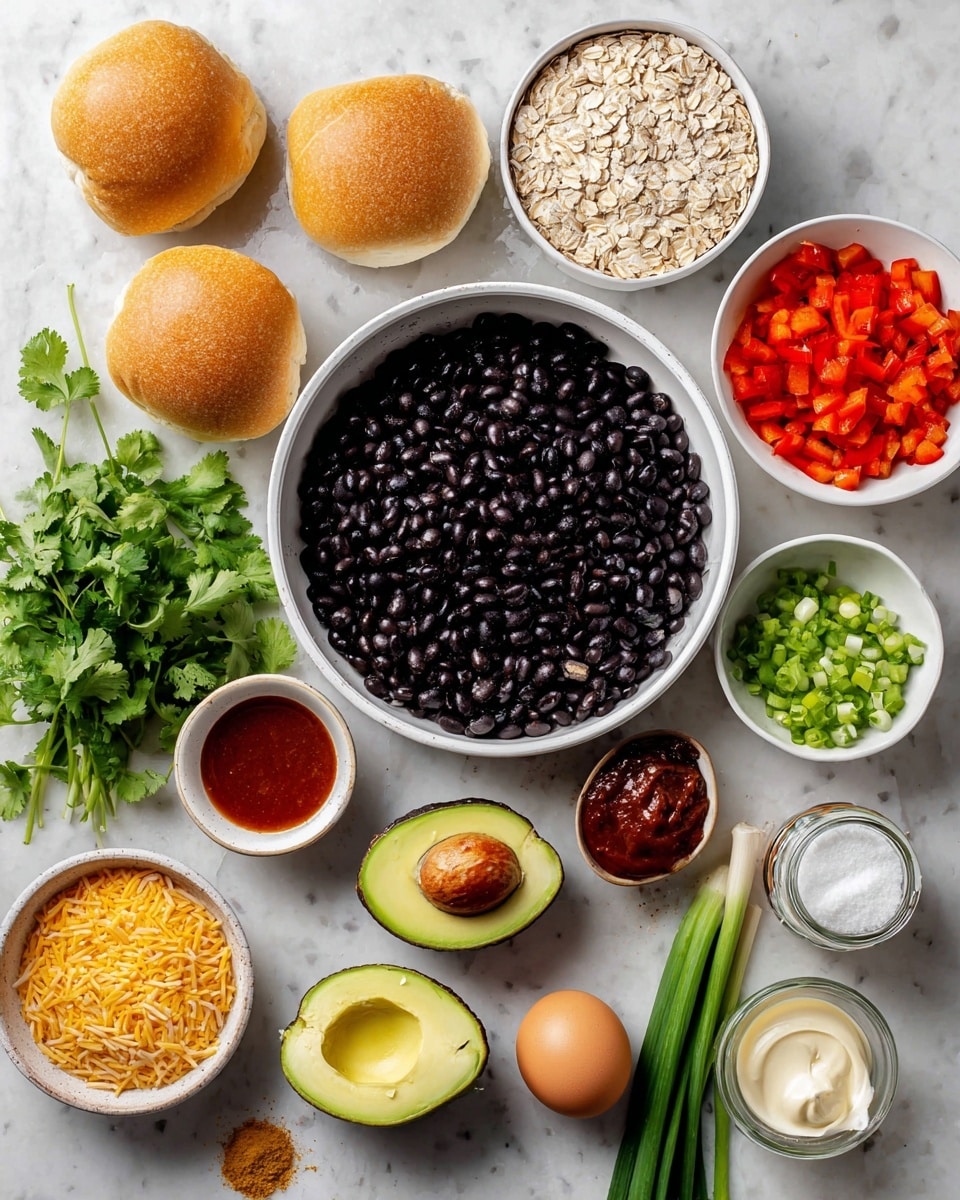 The image shows a white pan in the center filled with shiny black beans. Around the pan, there are various ingredients: on the left side, two golden whole wheat buns, a small bunch of bright green cilantro, an orange-red bowl of chopped red bell pepper, a small white dish with dark red canned chipotle in adobo, and a ripe avocado cut in half showing its green flesh and brown seed beside a brown egg. Below the pan, two small white bowls hold yellow cumin powder and peeled garlic cloves. On the top, a white bowl filled with light beige quick oats and a white dish with bright red hot sauce sit next to a bunch of fresh green scallions to the right of the pan. Further right, a white fluted dish contains white kosher salt, a small jar with light yellow mayonnaise, and more whole wheat buns. All items are placed on a white marbled surface. Photo taken with an iphone --ar 4:5 --v 7