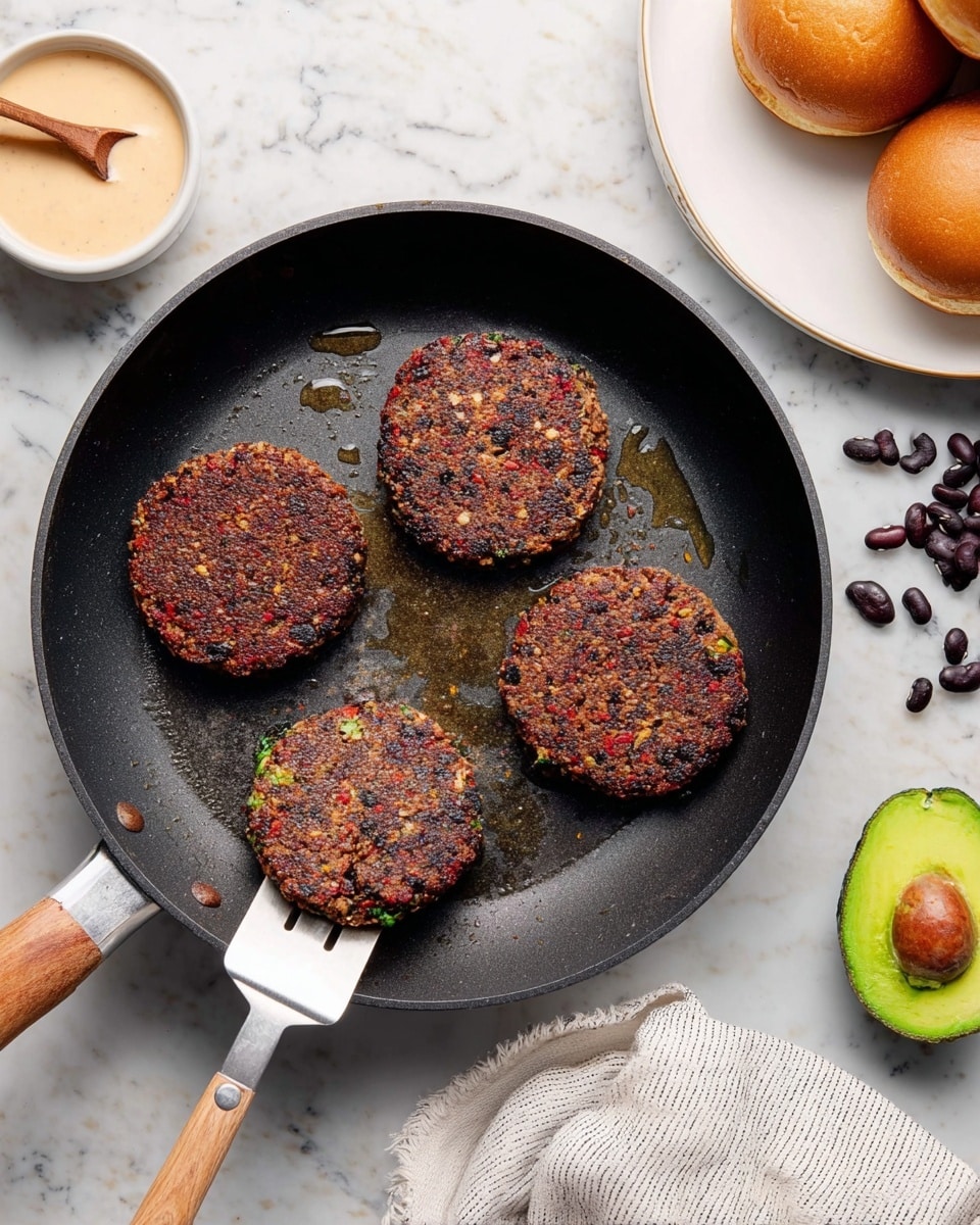 Four cooked black bean patties with a dark brown crispy surface and specks of red and green are in a black frying pan with some oil drops. One patty is being lifted by a white spatula with a wooden handle. To the left of the pan, there is a small white bowl with a wooden spoon and light beige creamy sauce, and behind it is a white plate with three round bread rolls. On the right side, a halved avocado with bright green flesh and a dark pit is next to scattered black beans on a white marbled surface. A folded white and gray striped cloth is partly visible in the bottom right corner. photo taken with an iphone --ar 4:5 --v 7