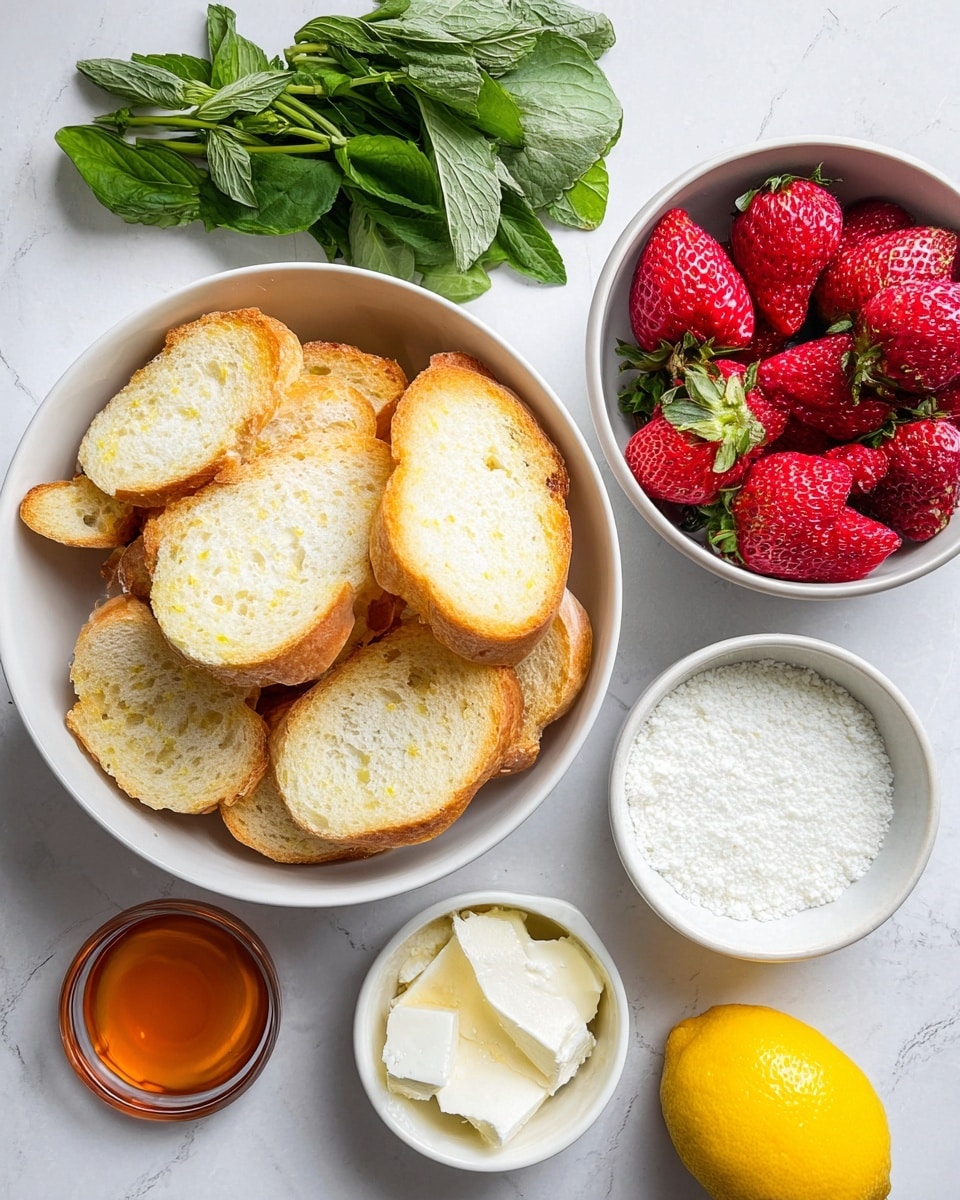 A white bowl filled with about twelve slices of pale golden toasted bread stacked unevenly, placed on a white marbled surface. To the right, a white bowl holds bright red strawberries with green leafy tops, filling the bowl fully. Below the bread bowl is a small white bowl with a white grainy cheese, and to the right of it, a white small bowl with white granulated salt. Above the bread bowl lies a bunch of bright green fresh herbs with round and oval leaves. A shiny bright yellow lemon is near the bottom right edge of the image. There is also a small white bowl with orange-colored honey near the lower left corner, with a smooth texture and light shining on its surface. Photo taken with an iphone --ar 4:5 --v 7