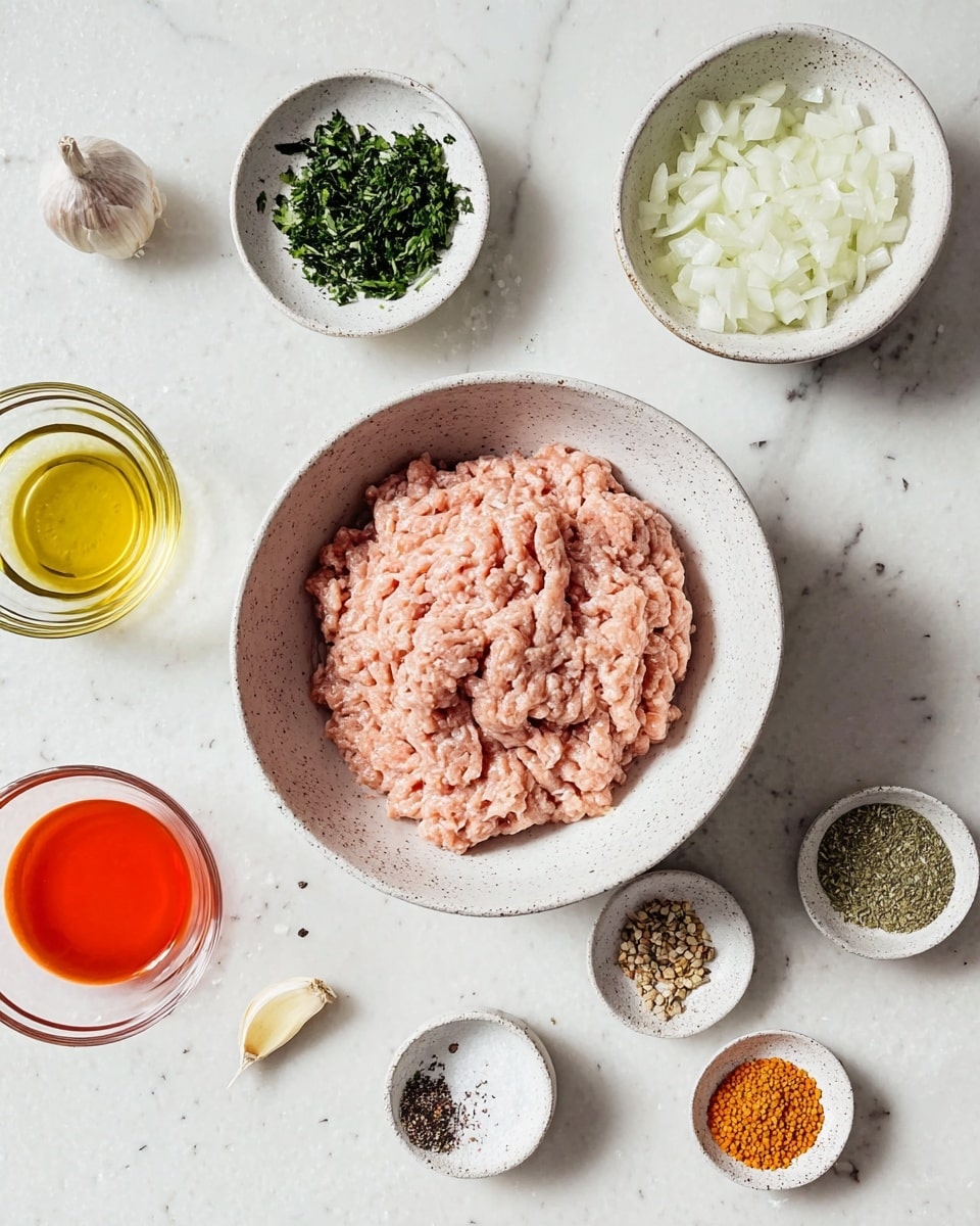 A speckled white bowl in the center holds a large amount of pale pink ground meat with a slightly rough texture. Above it to the right is a small white bowl filled with finely chopped white onions. To the left are small white bowls: one with mixed dark and light green fresh herbs, another with a clear golden yellow liquid, and below them a glass bowl with a bright red liquid. Near the bottom right, a white bowl contains an array of colorful spices including orange, light brown, green seeds, and beige granules. Two small speckled white containers with coarse salt and black pepper sit near the bottom edge. A single peeled garlic clove rests on the white marbled surface near the center left. The whole setup is on a white marbled texture, styled simply and brightly lit. Photo taken with an iphone --ar 4:5 --v 7