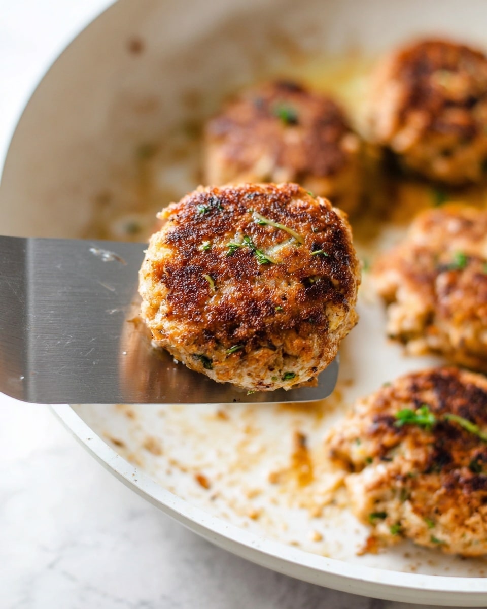 A close-up shows a cooked patty with a golden brown and slightly crispy surface, held by a metal spatula in the center of the image. The patty has small green herb pieces visible on top. In the background, more patties with similar colors and textures rest in a white pan with light brown browned spots from cooking. The surface under the pan is white with a marbled pattern. Photo taken with an iphone --ar 4:5 --v 7