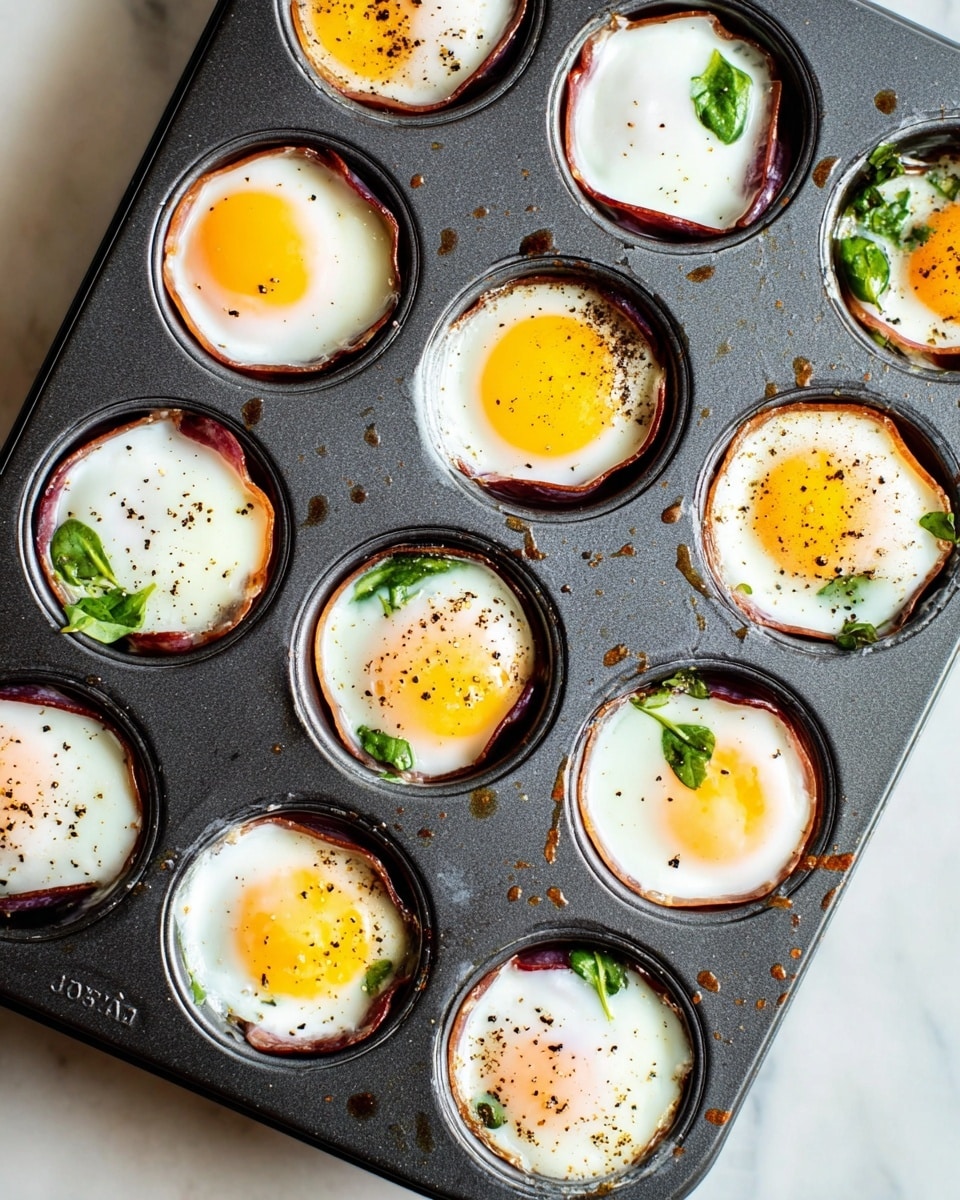 A dark gray metal muffin tray holds twelve egg cups, each with three visible layers: the base is a brown ham slice folded at the edges, the middle is a glossy, bright white cooked egg white, and the top is a bright yellow yolk mostly centered with a sprinkle of black pepper; some cups contain small green spinach leaves peeking from under the eggs. The tray sits on a white marbled surface, and the eggs have a slightly shiny texture from cooking oil. Small bits of food and slight stains decorate the tray edges. photo taken with an iphone --ar 4:5 --v 7
