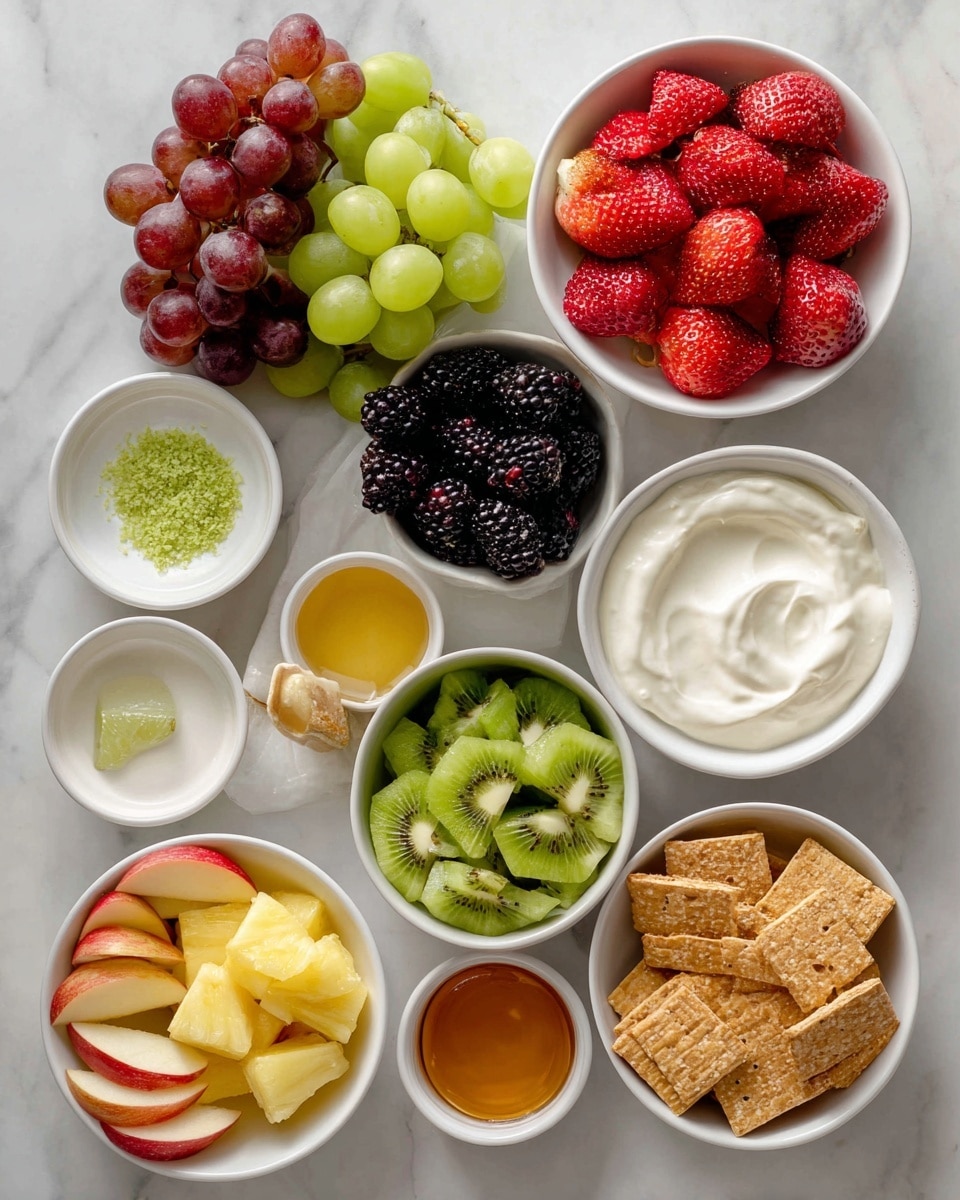 The image shows a flat lay of various ingredients arranged on a white marbled surface. There is a white bowl with green and red grapes mixed together at the top left. To the right, a white bowl holds halved strawberries, and below that, a smaller white bowl contains blackberries. Moving further right, a white bowl filled with bright green kiwi slices is visible. Below center, a larger white bowl contains smooth, creamy Greek yogurt. To the left of this, a small white bowl with finely grated key lime zest sits above another small bowl holding key lime juice. On the bottom left, slices of red and green apples fill a white bowl, with a white bowl of fresh pineapple chunks beneath them. To the right of the pineapple, there is a small white bowl with golden honey. Lastly, a white bowl on the far right is filled with a mix of different shaped graham crackers or cookies. The whole setup is lit softly, highlighting the natural colors of the fresh fruits and other ingredients. Photo taken with an iphone --ar 4:5 --v 7