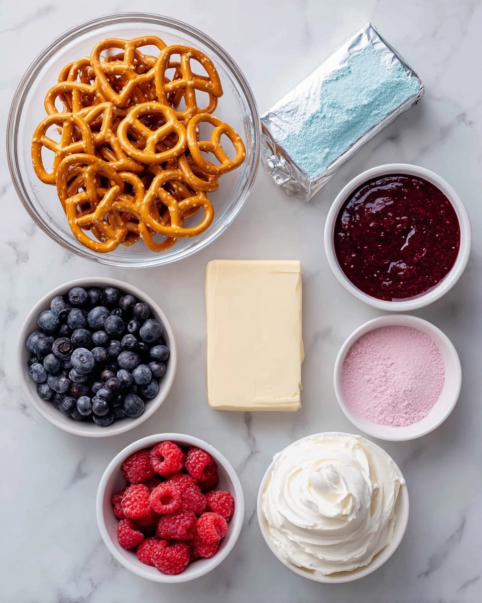 The image shows a collection of ingredients arranged neatly on a white marbled surface. There is a clear glass bowl filled with golden pretzels on the left. To the right of it, small white bowls hold dark blueberries, bright red raspberries, granulated white sugar, pale blue mixed berry jello powder, light pink raspberry jello powder, and fluffy white whipped topping. Between the berries and the sugar is a silver-wrapped block of cream cheese resting on a pale yellow stick of butter. The ingredients are displayed in a clean and orderly way, ready for making a dessert. Photo taken with an iphone --ar 4:5 --v 7