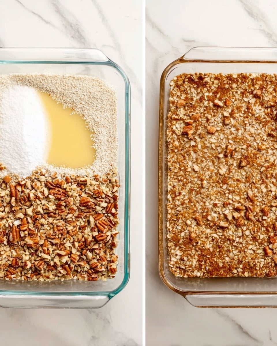 The image shows two different views of a rectangular clear glass baking dish placed on a white marbled surface. On the left side, the dish is filled with separate layers of ingredients before mixing: the top left contains white sugar, with a small pool of light yellow liquid just below it; the bottom left has light beige oats, and the right side is covered with medium brown chopped nuts. On the right side of the image, the same dish now has a uniform mixture of finely chopped nuts, oats, and sugar, forming a solid, brown textured layer evenly spread inside. Photo taken with an iphone --ar 4:5 --v 7