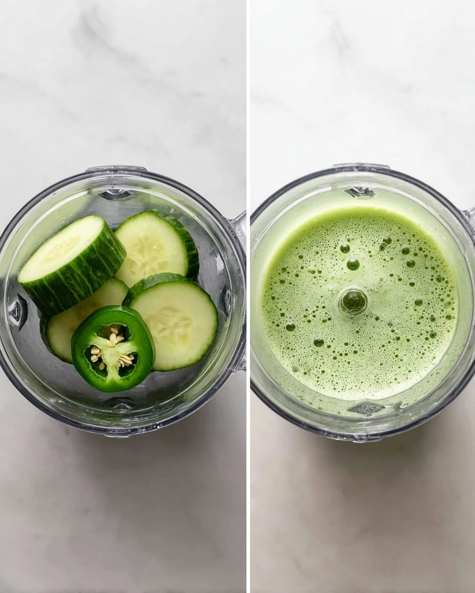 Two images show a clear blender jar from above on a white marbled surface. In the first image, inside the jar are three large slices of cucumber and one slice of green jalapeño pepper with seeds visible, arranged loosely. In the second image, the same blender jar contains light green frothy juice with small bubbles on the surface, showing that the vegetables are blended. Photo taken with an iphone --ar 4:5 --v 7