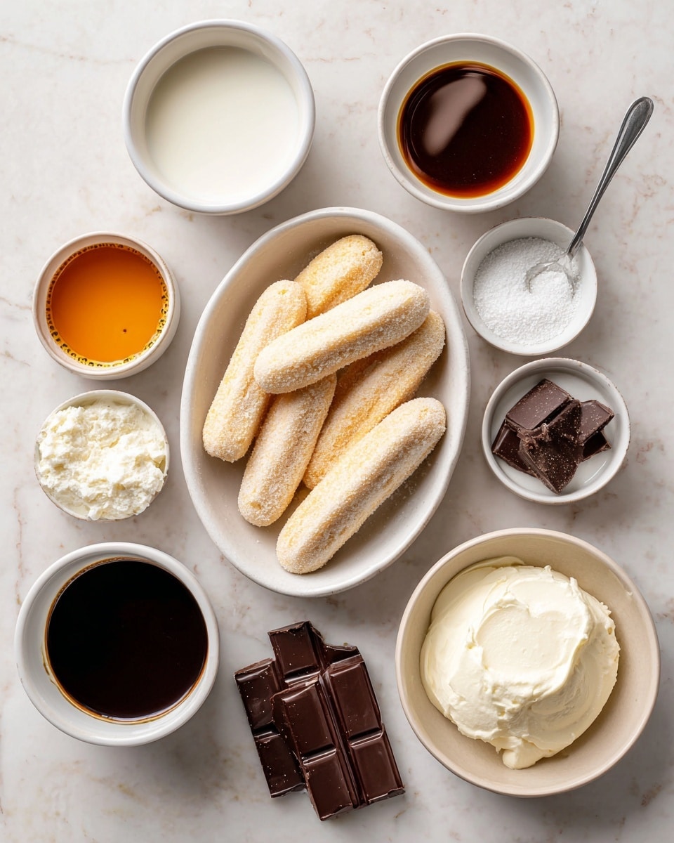 There are several white bowls and a white oval dish arranged on a white marbled surface. The oval dish in the middle holds six light beige ladyfingers with a soft texture and sugar dusting. Above and around it are small white bowls: one with white milk, one with orange-colored Disaronno Amaretto, one with dark brown espresso coffee, one with dark chocolate pieces, one with white mascarpone cheese showing a creamy, thick texture, and one with fine white sugar. Each item is clearly visible, placed separately to show texture and color differences. Photo taken with an iphone --ar 4:5 --v 7