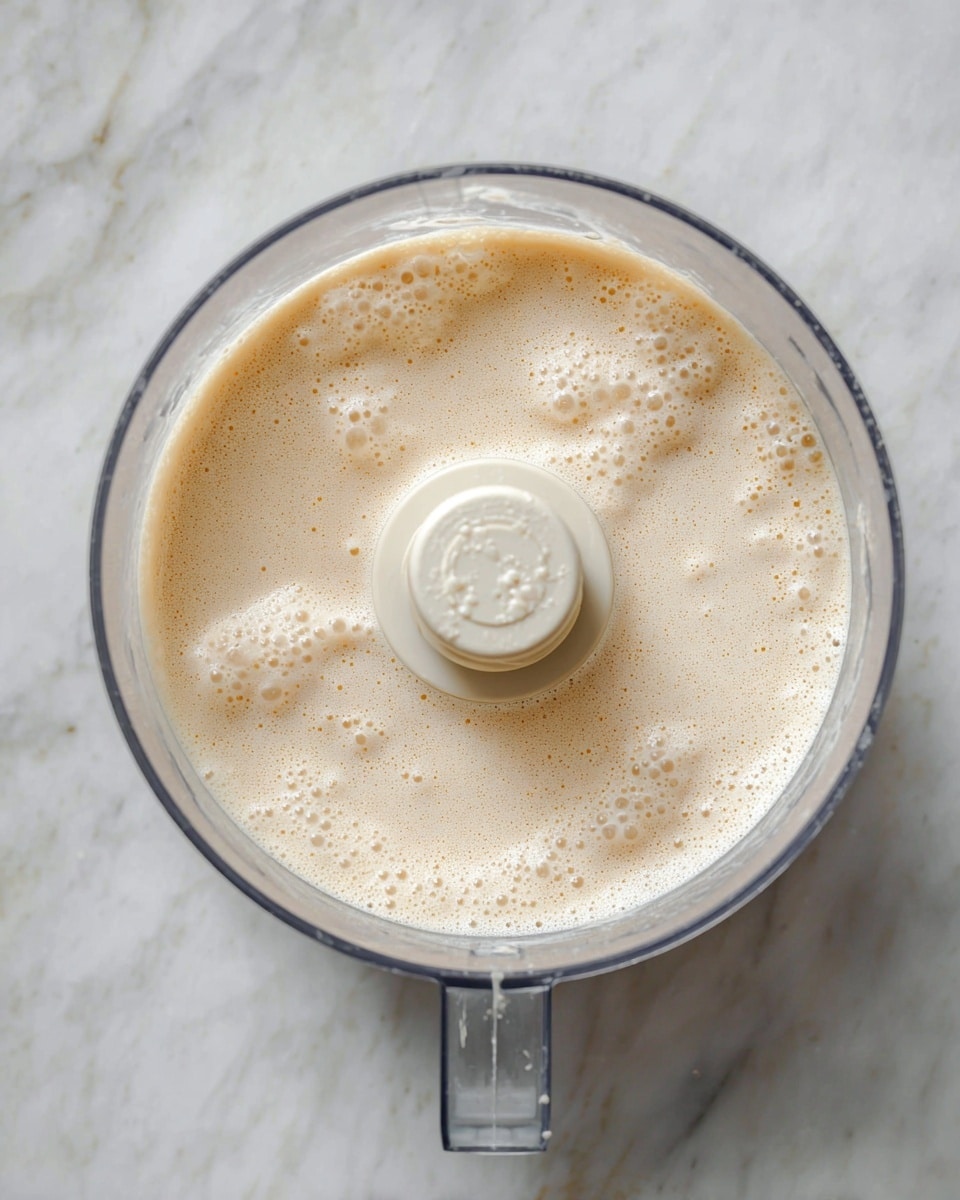 A clear food processor bowl shown from above contains a smooth, light beige mixture filling the bowl almost to the top. The surface of the mixture is dotted with small and medium bubbles, giving it a frothy texture. The processor’s central blade holder is visible in the middle, in an off-white color with some slight marks. The food processor is placed on a white marbled surface. photo taken with an iphone --ar 4:5 --v 7