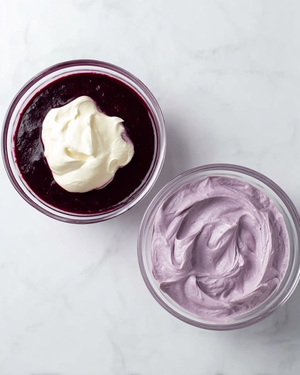 The image shows two clear glass bowls on a white marbled surface. The left bowl holds a dark purple, smooth liquid topped with a dollop of thick white cream. The right bowl contains a blended mixture of light purple, creamy texture with smooth swirls on top, showing it is well mixed. Both bowls have a simple, clean look with no other items around. Photo taken with an iphone --ar 4:5 --v 7