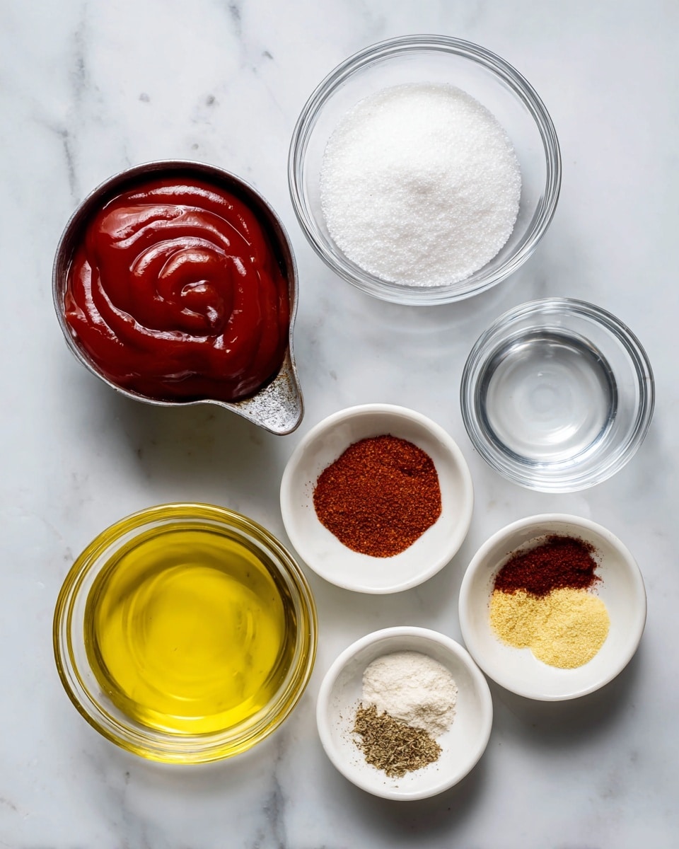 A collection of small white bowls and clear glass containers are arranged on a white marbled surface. One metal measuring cup holds a smooth, thick layer of deep red ketchup. A clear glass bowl next to it is filled with a fine white layer of sugar. Another clear glass bowl contains a colorless liquid vinegar. A small white bowl is filled with a flowy layer of golden yellow olive oil. The last small white bowl holds five distinct piles of dry spices including dark brown, rusty red, pale yellow, and white powders, arranged evenly apart. The scene is well-lit, showing clear textures and colors. Photo taken with an iphone --ar 4:5 --v 7
