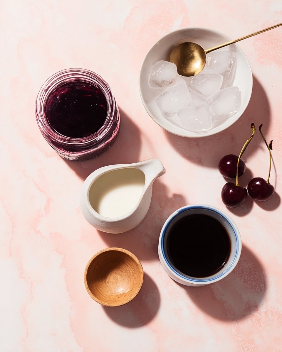The image shows five small containers on a soft pink surface with a white marbled texture. Starting from the top left is a clear glass jar filled with a deep purple thick liquid. To the right is a white bowl holding clear ice cubes with a shiny golden scoop resting diagonally inside. Below the jar is a small white pitcher filled with creamy white liquid. Towards the bottom right is a white cup with a blue rim filled with dark black liquid, and near the center bottom is a small, light wooden cup with a similar dark liquid. Two dark red cherries with stems lie near the pitcher, adding a fresh touch. photo taken with an iphone --ar 4:5 --v 7
