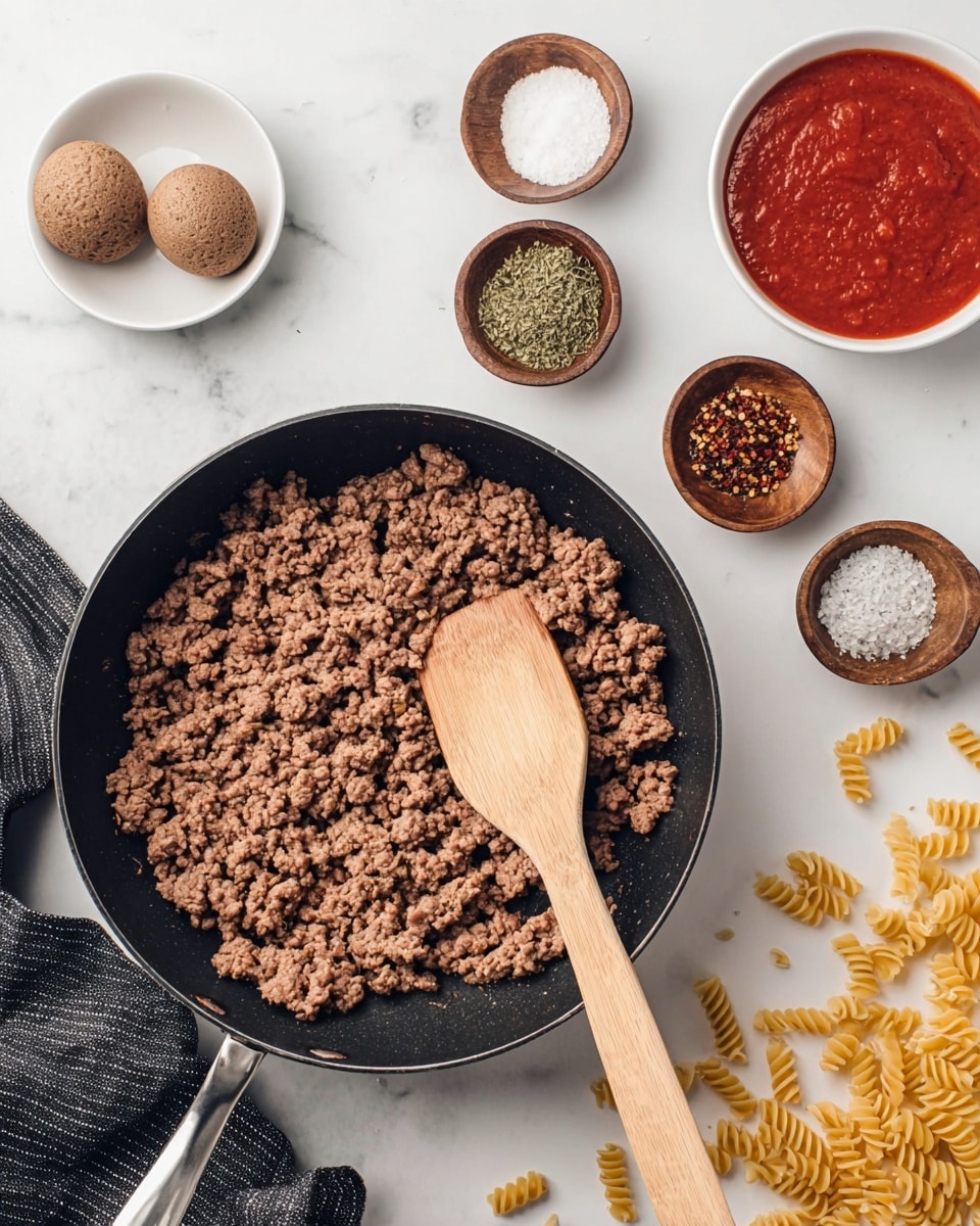 A close-up top view of a black pan filled with browned ground meat, with a light brown wooden spatula resting partially inside the meat on the right side. Surrounding the pan on a white marbled surface are small white bowls: one containing two round brown sugar balls and another filled with smooth red tomato sauce. To the right of the pan, there are six small wooden bowls arranged with different spices—green dried herbs, black pepper, white salt, reddish chili flakes, and more green herbs. A dark gray striped cloth is partially placed underneath the pan's handle, and a few uncooked spiral pasta pieces are scattered in the bottom right corner. photo taken with an iphone --ar 4:5 --v 7