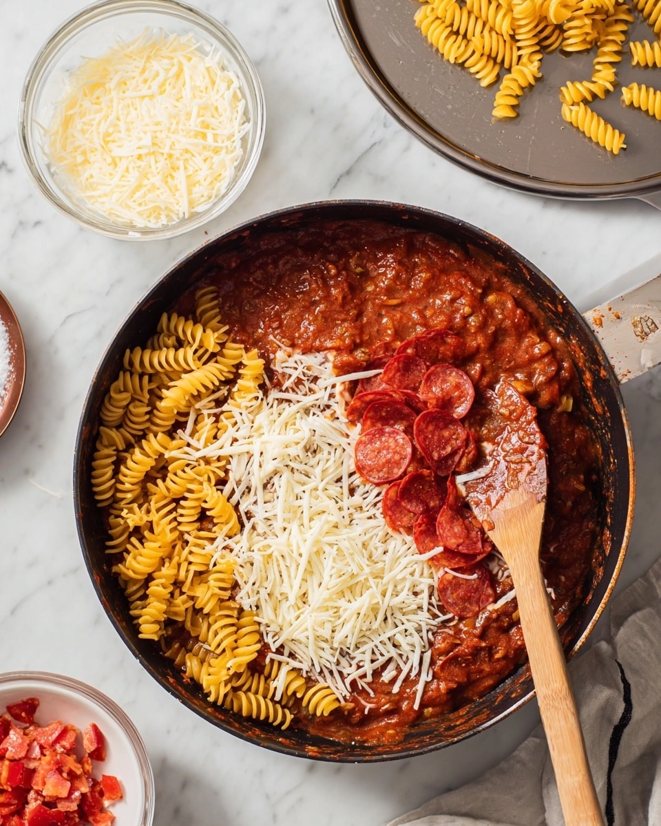 A frying pan filled with a deep red chunky sauce base, topped with yellow spiral pasta scattered unevenly on the left and mixed with shredded pale cheese in the center, and thin slices of red pepperoni piled on the right; a wooden spoon rests on the right side of the pan, partially covered in sauce. Around the pan, there is a small white bowl with some red chopped pieces on the left, a clear glass bowl with shredded pale cheese on the top left, and a round metal pan on the top right holding a few uncooked yellow spiral pasta pieces. Everything is set on a white marbled surface. Photo taken with an iphone --ar 4:5 --v 7