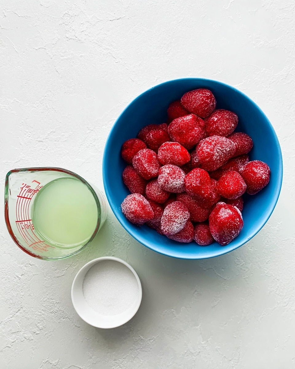A blue bowl is filled with one layer of bright red frozen strawberries, each covered lightly with frost. Next to the bowl, there is a small white bowl holding a single layer of fine white granulated sugar. Slightly above, a clear glass measuring cup with red measurement marks contains a small amount of pale greenish liquid. The background and surface are white with a marbled texture, giving a clean and bright look to the setting. photo taken with an iphone --ar 4:5 --v 7