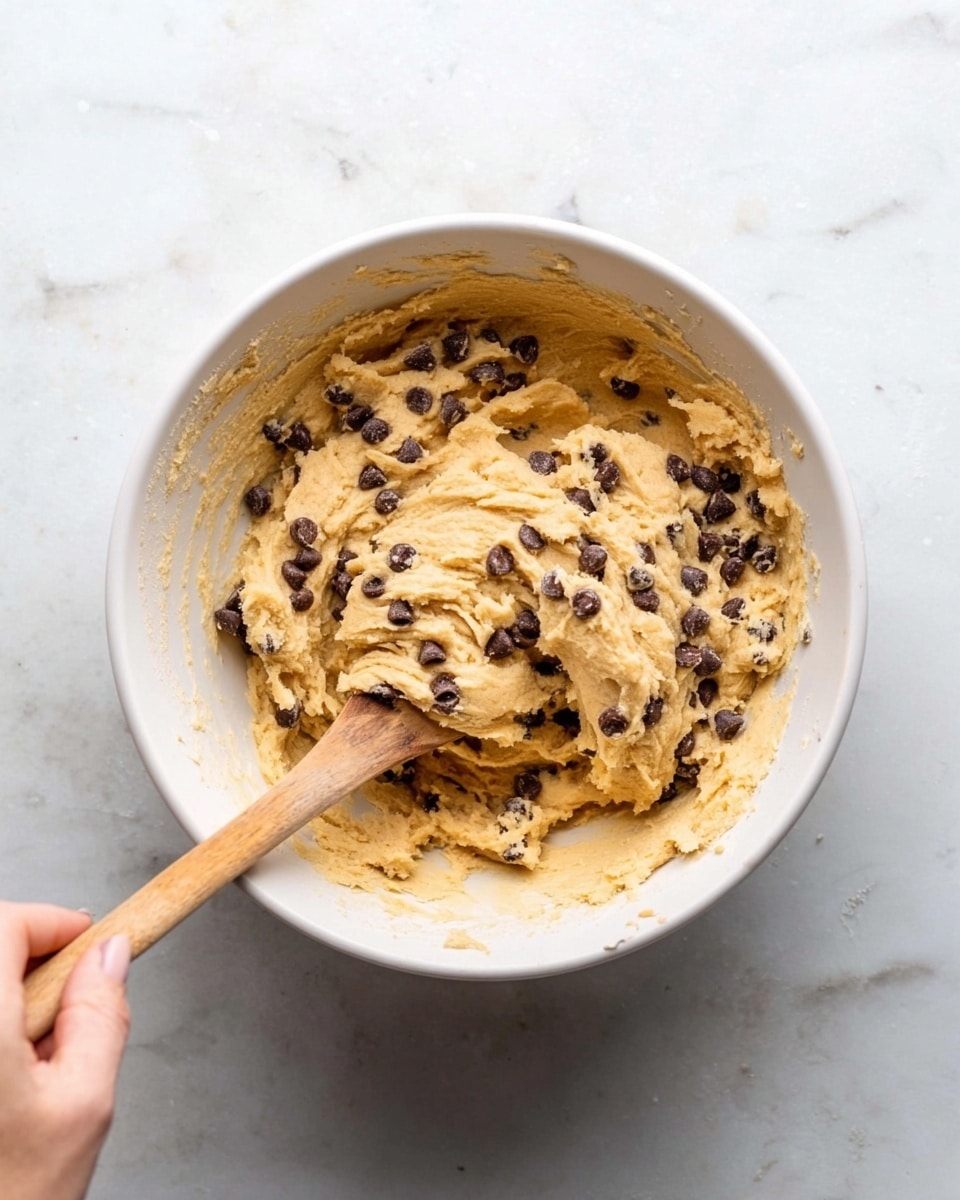 A white bowl filled with light golden cookie dough that has a thick and smooth texture, mixed with many small dark chocolate chips scattered evenly throughout. A wooden spoon is partly dipped into the dough, lifting some of it and creating soft folds and swirls. A woman's hand is gently holding the handle of the wooden spoon at the bottom left corner of the image. The bowl sits on a white marbled surface with subtle light gray veins. photo taken with an iphone --ar 4:5 --v 7