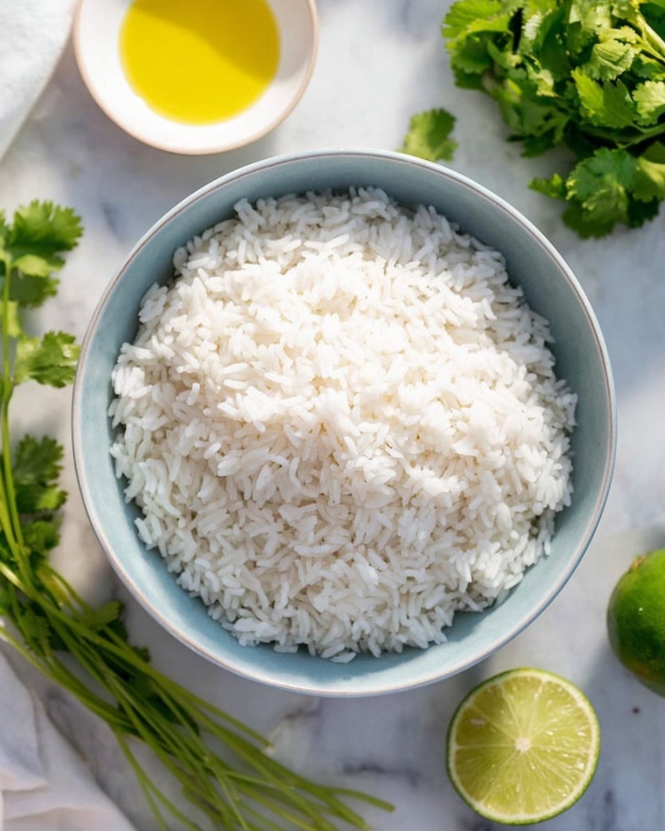 A light blue bowl filled to the top with white cooked rice, grains soft and separate. The bowl sits on a white marbled surface. Around the bowl, there is a small white bowl with yellow oil on the left, fresh green cilantro sprigs on the bottom left, a bunch of green cilantro on the top right, and two lime halves, one whole and one slightly squeezed, on the bottom right. The scene is bright and fresh with a clean look. Photo taken with an iphone --ar 4:5 --v 7