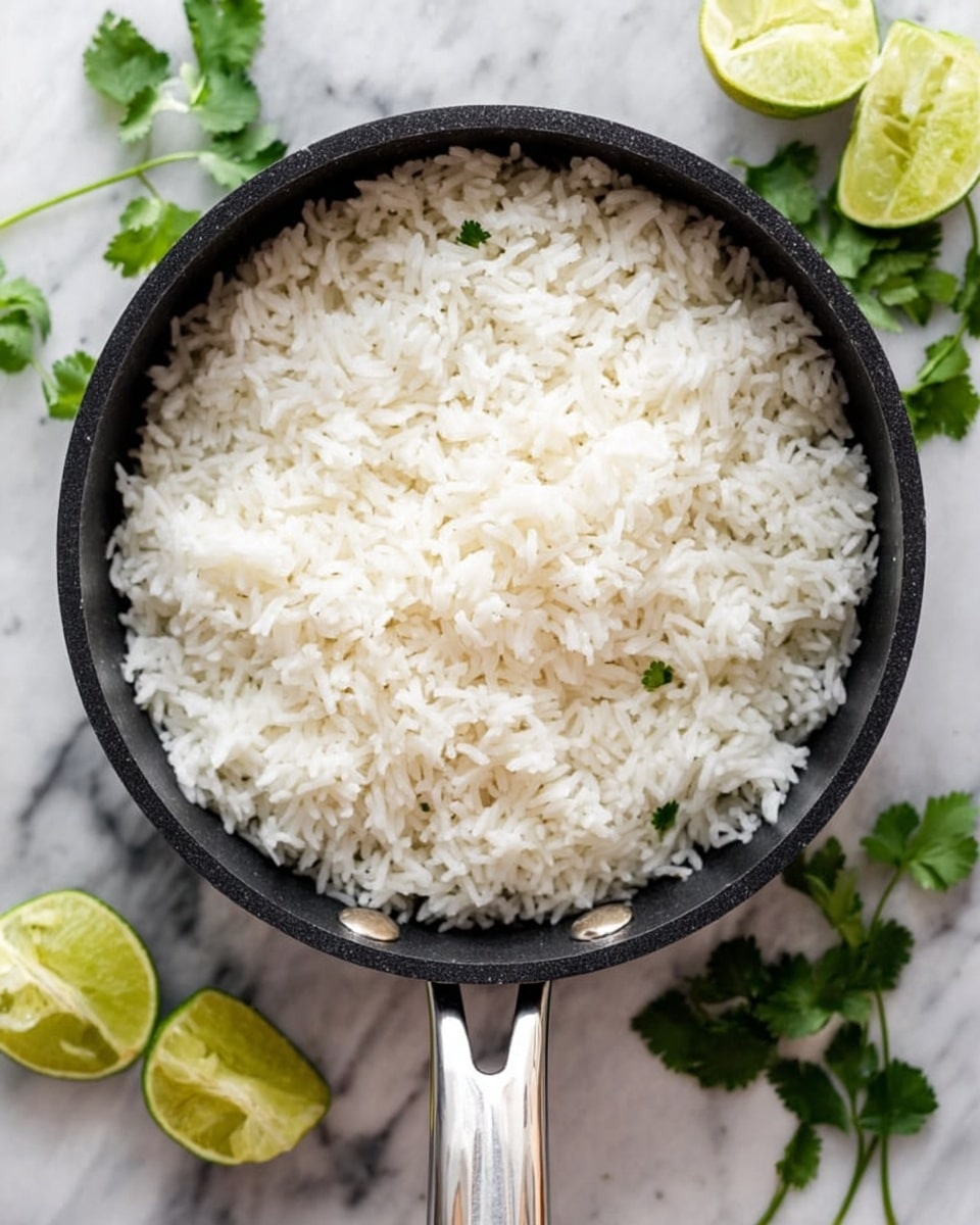 The image shows a black cooking pan filled with cooked white rice, with each grain clear and fluffy, evenly spread inside the pan. The pan has a shiny silver handle that points downwards. Around the pan on a white marbled surface are three lime wedges with some juice squeezed out and fresh green cilantro leaves scattered loosely. The scene is bright and fresh, with the rice as the main focus. Photo taken with an iphone --ar 4:5 --v 7