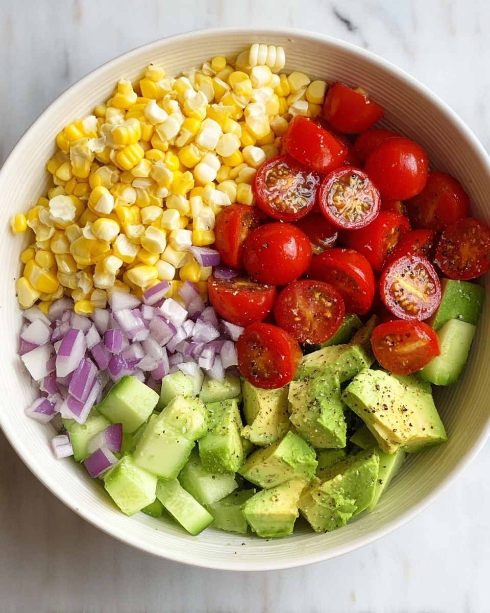 A white bowl is filled with five layers of fresh ingredients arranged side by side. Starting at the top left, there are small pieces of yellow and white corn with a slightly shiny texture, some whole corn pieces included. On the top right side, there are bright red cherry tomatoes, sliced in half, showing their juicy and smooth inside. At the bottom right, there are light green avocado chunks with a smooth texture and sprinkled with black pepper. To the bottom left, green cucumber pieces with a crisp look are arranged. In the center, finely chopped purple onions add a small pop of color with their slightly shiny surface. The bowl sits on a white marbled surface. Photo taken with an iphone --ar 4:5 --v 7