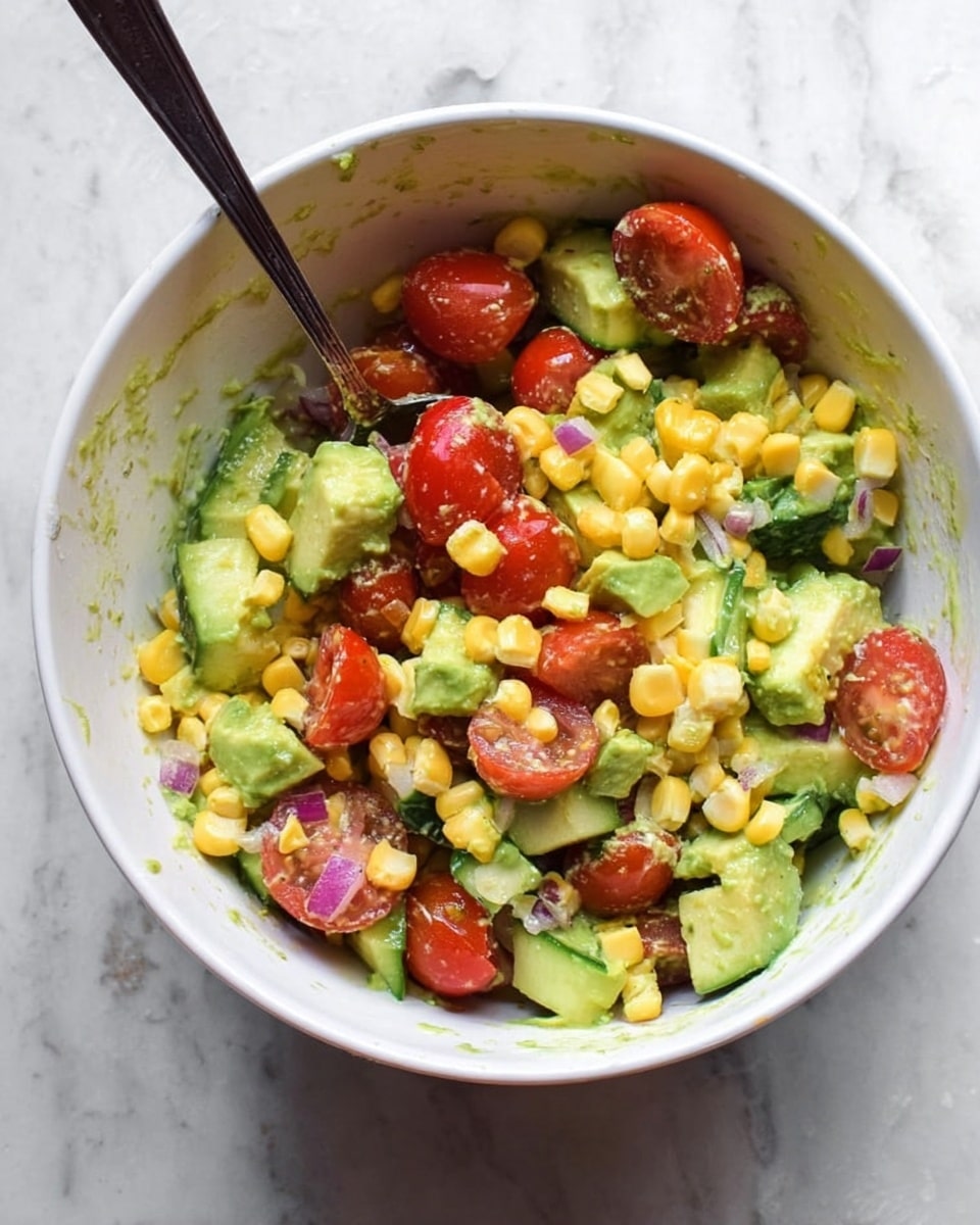 A white bowl filled with a colorful salad featuring three main layers: bright yellow corn kernels scattered throughout, chunky green cucumber pieces and avocado chunks, and halved shiny red cherry tomatoes mixed in. Small bits of light purple onion are also seen in the mix. The textures vary with soft avocado, crisp cucumber, and fresh juicy tomatoes. A dark spoon is placed inside the bowl, partially covered with the salad. The bowl sits on a white marbled textured surface photo taken with an iphone --ar 4:5 --v 7