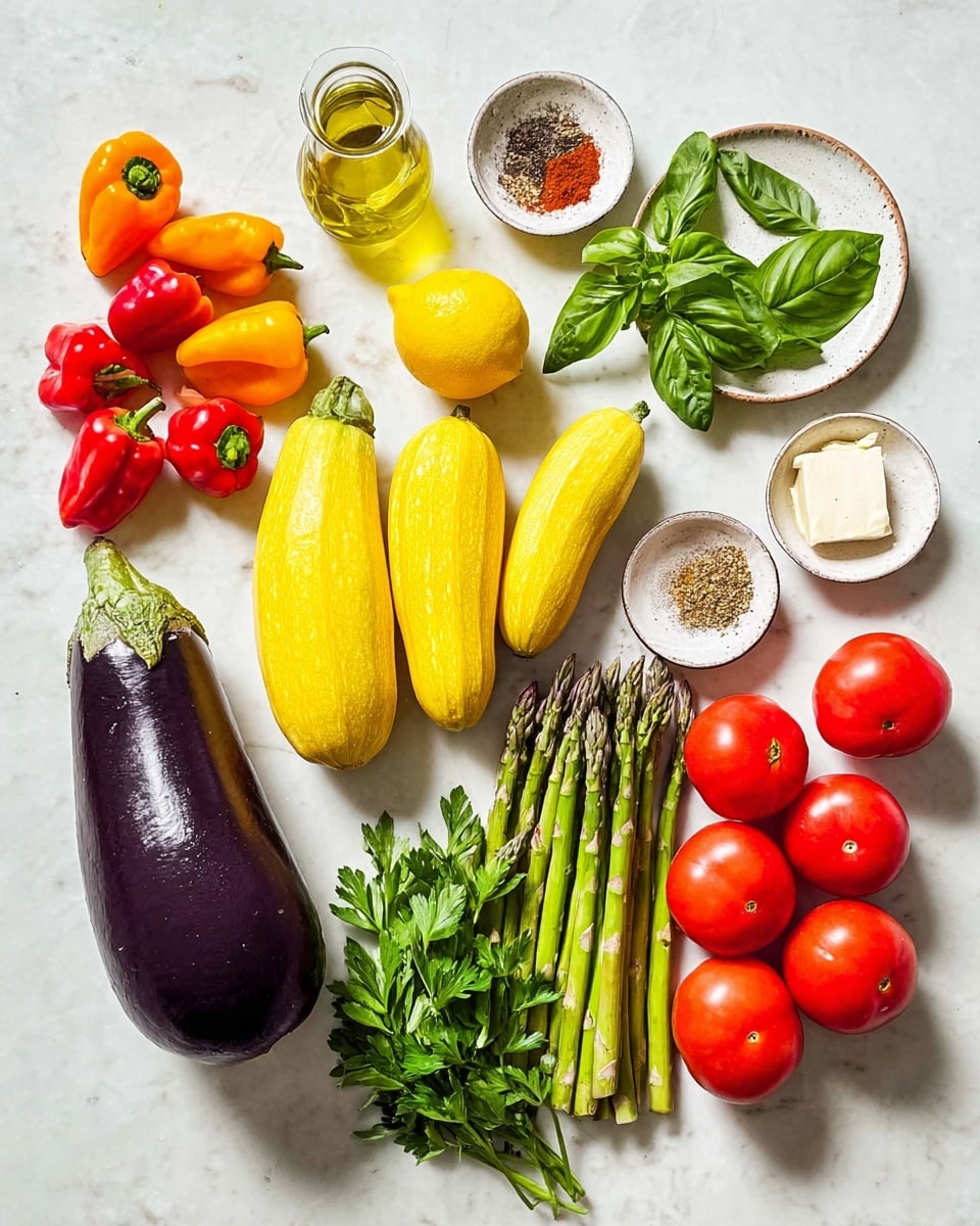 The image shows fresh vegetables and spices laid out neatly on a white marbled surface. From left to right, there are small bright red, orange, and yellow mini sweet peppers, fresh green basil leaves, three yellow squash placed close together with a lemon above them, and a large purple eggplant next to the lemon. To the right of the eggplant, five round red tomatoes are arranged in a loose line. Next to the tomatoes, there is a bunch of green asparagus standing upright, and a small bunch of fresh green parsley is at the far right. Above the vegetables, small white bowls hold three different spices and a piece of white butter. A clear glass bottle of olive oil is near the center at the top. The scene is brightly lit, showing vibrant colors and clean textures clearly. Photo taken with an iphone --ar 4:5 --v 7