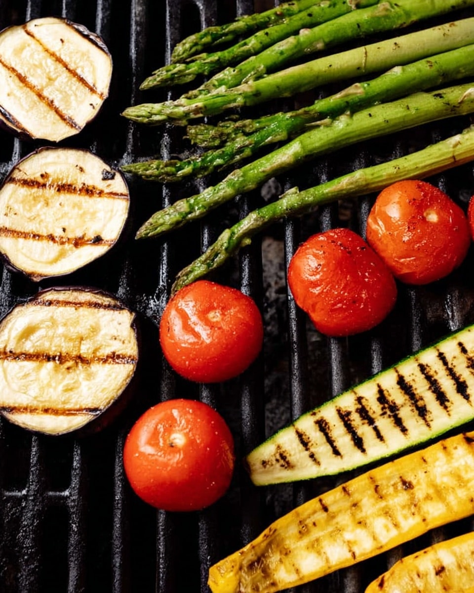 The image shows a grill with several vegetables cooking on it, arranged in a single layer. There are round slices of light beige eggplant with brown grill marks on the left side, bright green asparagus spears placed diagonally in the middle, whole shiny red tomatoes near the bottom, and long yellow zucchini slices with dark grill stripes on the right side. The grill bars are black, creating a contrast with the colorful vegetables, and the overall look is fresh and simple. Photo taken with an iphone --ar 4:5 --v 7