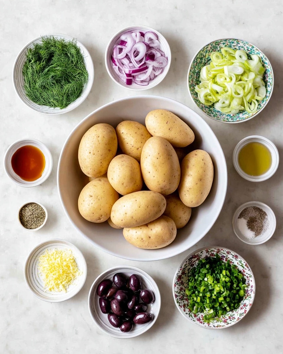 A large white bowl sits in the center filled with several smooth, light brown potatoes with small eyes, each shaped oval to round and stacked close together. Surrounding the bowl is an arrangement of small white bowls holding various ingredients: bright green fresh dill in one bowl at the top left, finely chopped purple onions in the top center, pale green sliced leeks in the top right, dark green chopped parsley in a patterned bowl below the leeks, and dark purple sliced olives below the parsley. Other small white bowls contain minced pale yellow garlic, black pepper, coarse salt, mustard, dried herbs, red liquid, and a golden oil. All bowls rest on a white marbled surface with soft surroundings. Photo taken with an iphone --ar 4:5 --v 7
