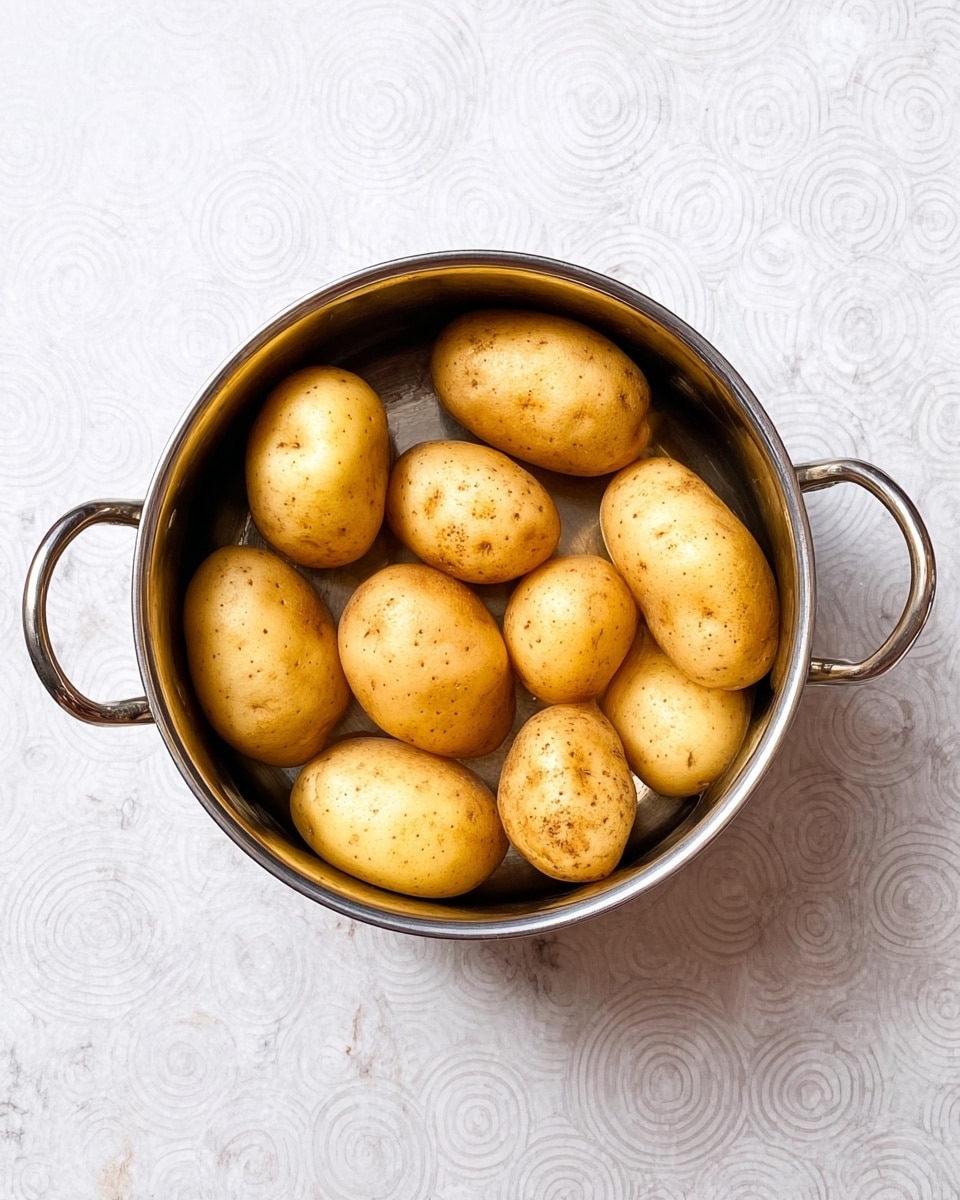 A metal pot filled with about ten whole yellow potatoes, all with smooth skins, sits on a white marbled surface with circular patterns visible underneath. The potatoes are closely packed together, showing a mix of oval and round shapes, and the pot's shiny handles are positioned on either side. The lighting highlights the slightly rough texture and light brown spots on the potatoes' skins. photo taken with an iphone --ar 4:5 --v 7
