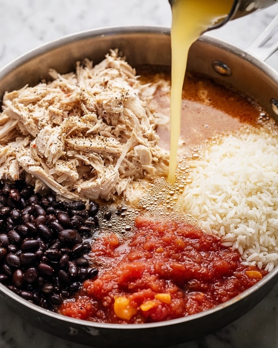 A close-up image of a pan filled with five distinct layers of ingredients arranged side by side. Starting from the left, there is a layer of dark black beans with a shiny texture, next to it is a heap of shredded light beige chicken sprinkled with black pepper. In the center, light yellow broth is being poured into the pan, creating bubbles on a brownish layer of seasoning underneath. To the right of the broth, there is a pile of white uncooked rice grains with a smooth look. Finally, on the far right, a layer of chunky red tomato sauce with visible pieces of tomato and carrot sits in the pan. The pan rests on a white marbled surface. Photo taken with an iphone --ar 4:5 --v 7