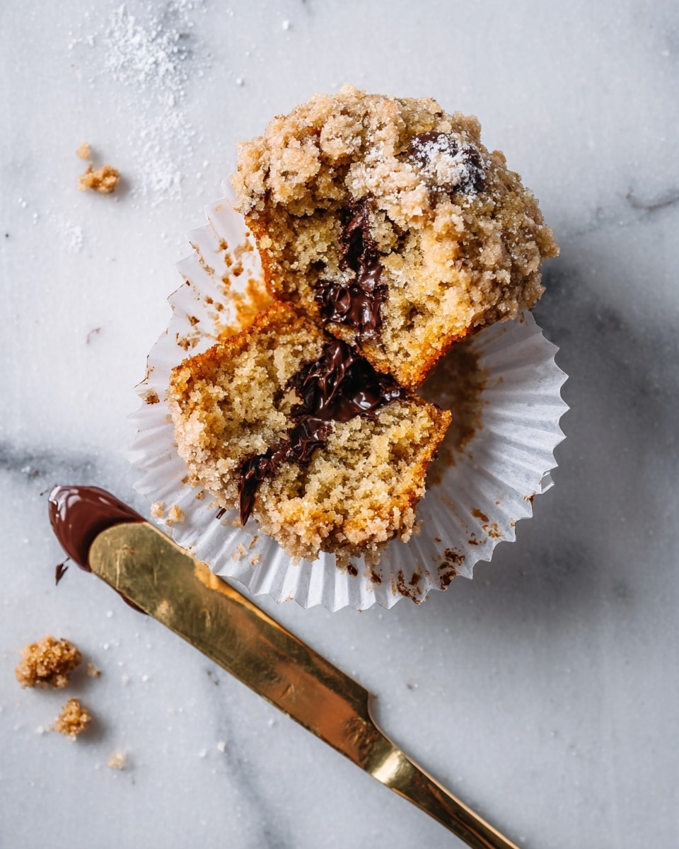 The image shows a muffin with a crumbly light brown topping that is split into two pieces, placed inside a white crinkled paper liner with some crumbs scattered on it. The muffin’s inside looks soft and moist with dark chocolate pieces spread within the golden-brown cake. Next to the muffin is a shiny gold knife with melted chocolate on its blade, lying on a white marbled surface. Some small crumbs and bits of powdered sugar are scattered around. Photo taken with an iphone --ar 4:5 --v 7
