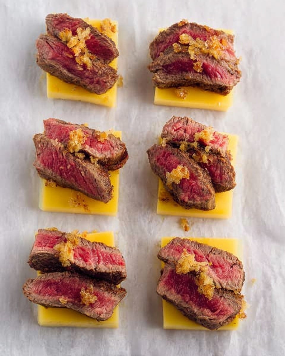 The image shows six small stacks arranged in two vertical rows on a white marbled surface. Each stack has two layers: the bottom layer is a bright yellow slice of cheese with smooth edges, and on top are several pieces of thin, medium-cooked steak with a pink center and a brown crust. Small bits of crispy, golden brown seasoning are sprinkled lightly over the steak. The stacks are evenly spaced and placed on a sheet of parchment paper. photo taken with an iphone --ar 4:5 --v 7