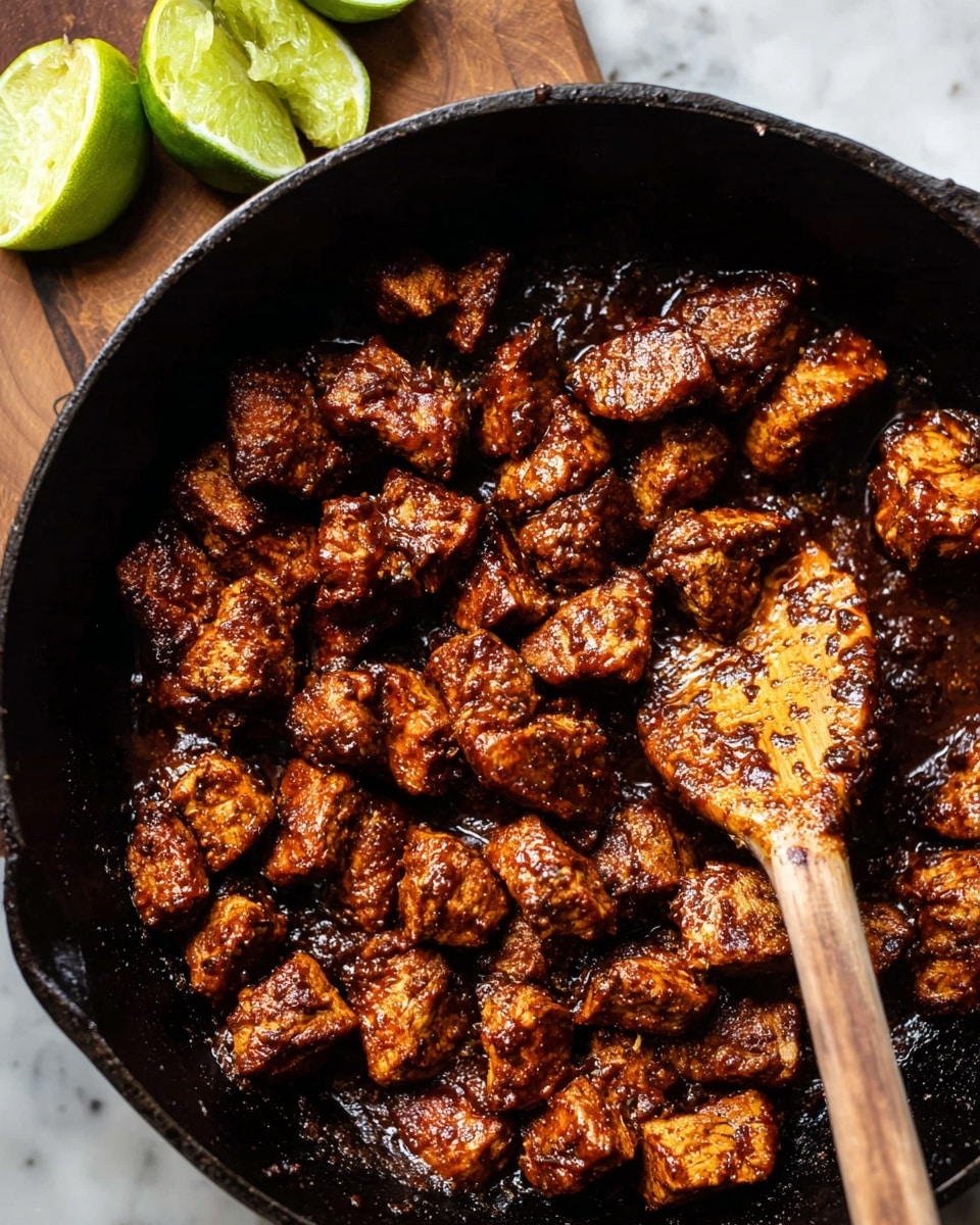 Chunks of dark brown cooked meat with a rich, spiced coating fill a black cast iron pan, some pieces showing a slightly glossy texture from the sauce. A wooden spatula with a light brown grain rests inside the pan, partially covered in the same sauce. Bright green lime wedges are placed at the top left inside the pan and just outside it on a wooden surface. The whole scene is set on a white marbled textured background. photo taken with an iphone --ar 4:5 --v 7