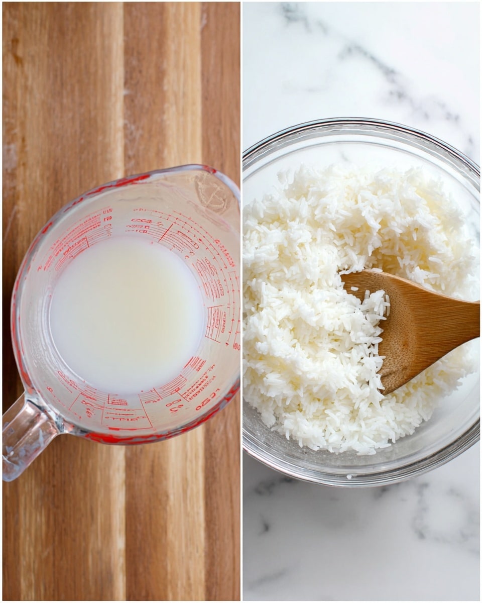 The image shows two views side by side. On the left, there is a clear glass measuring cup with red measurement markings filled with a small amount of a white, milky liquid at the bottom, placed on a wooden surface. On the right, a transparent glass bowl sits on a white marbled texture, filled with white, sticky rice that looks fluffy and separated, with a light brown wooden spoon partially submerged in the rice on the right side of the bowl. Photo taken with an iphone --ar 4:5 --v 7