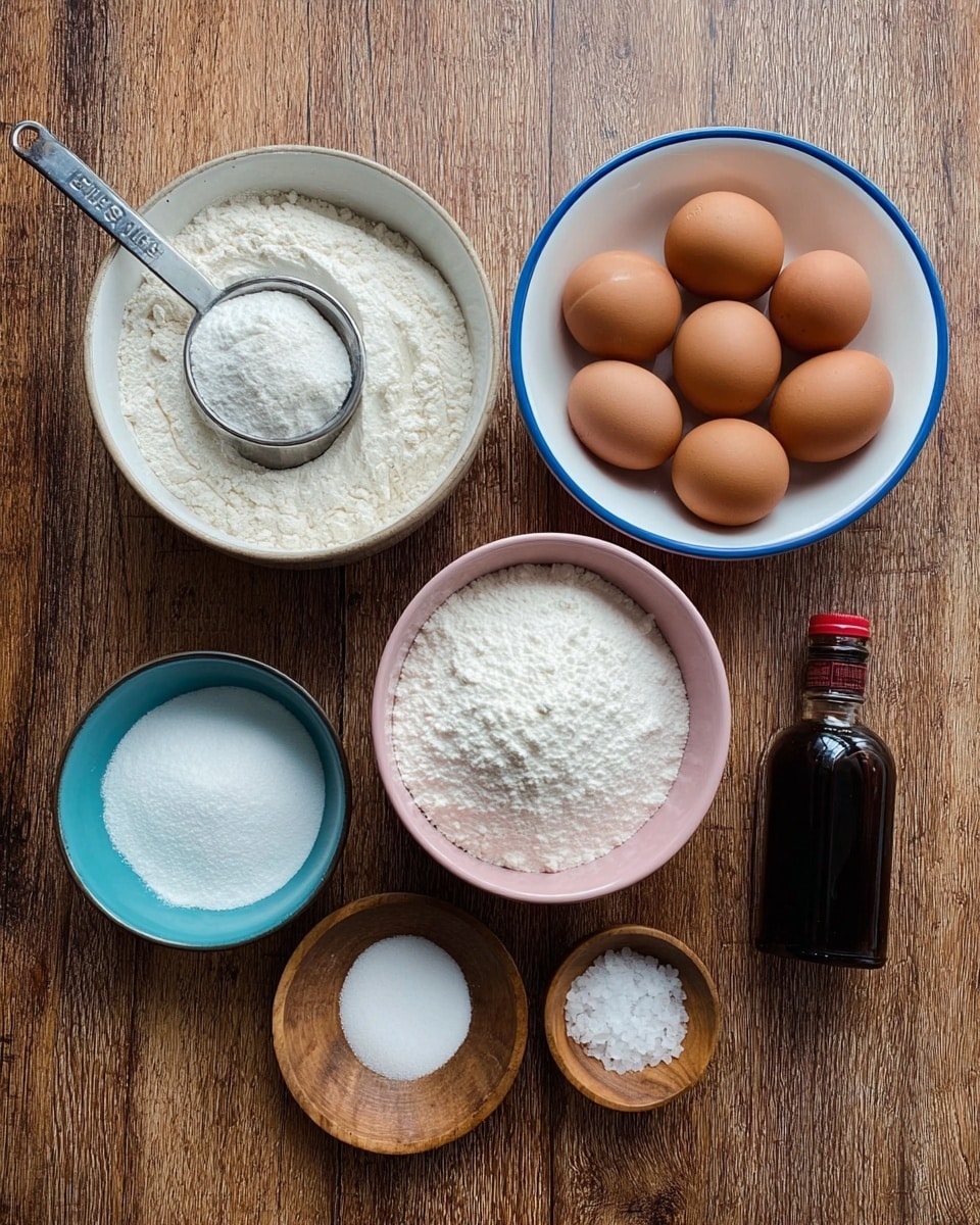 The image shows baking ingredients arranged on a wooden surface. There are six light brown eggs in a white bowl with a blue rim placed at the top right. To the left, there is a white bowl filled with flour, and a metal measuring cup holding powdered sugar sits above it. A pink bowl filled with white granulated sugar is below the eggs. Two small round bowls, one blue with baking soda and the other wooden with salt, are placed near the sugar bowl. On the far right, a dark brown glass bottle of vanilla extract is laid on the table. The setup is neat and organized, with the bowls and containers varying in size and color. photo taken with an iphone --ar 4:5 --v 7