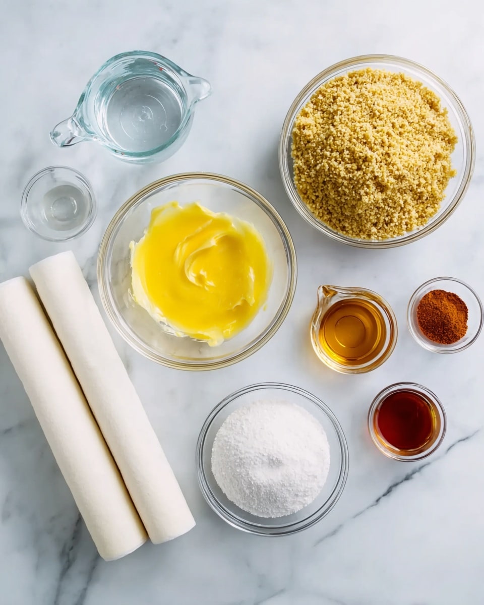 A top view shows several clear glass bowls and two rolls of white parchment paper arranged on a white marbled surface. The largest bowl in the upper right is filled with a coarse, yellow-brown crumbly mixture. In the center is a medium bowl containing a smooth, bright yellow melted butter layer. Below it is a smaller bowl holding a fine white granulated sugar layer. To the left, two white parchment paper rolls lie side by side. At the top left, a clear measuring cup with water is visible. At the mid right, a small clear pitcher holds a sticky golden amber liquid. Below it, two tiny clear bowls rest side by side, one with a reddish-brown powder and the other with a dark amber liquid. Photo taken with an iphone --ar 4:5 --v 7