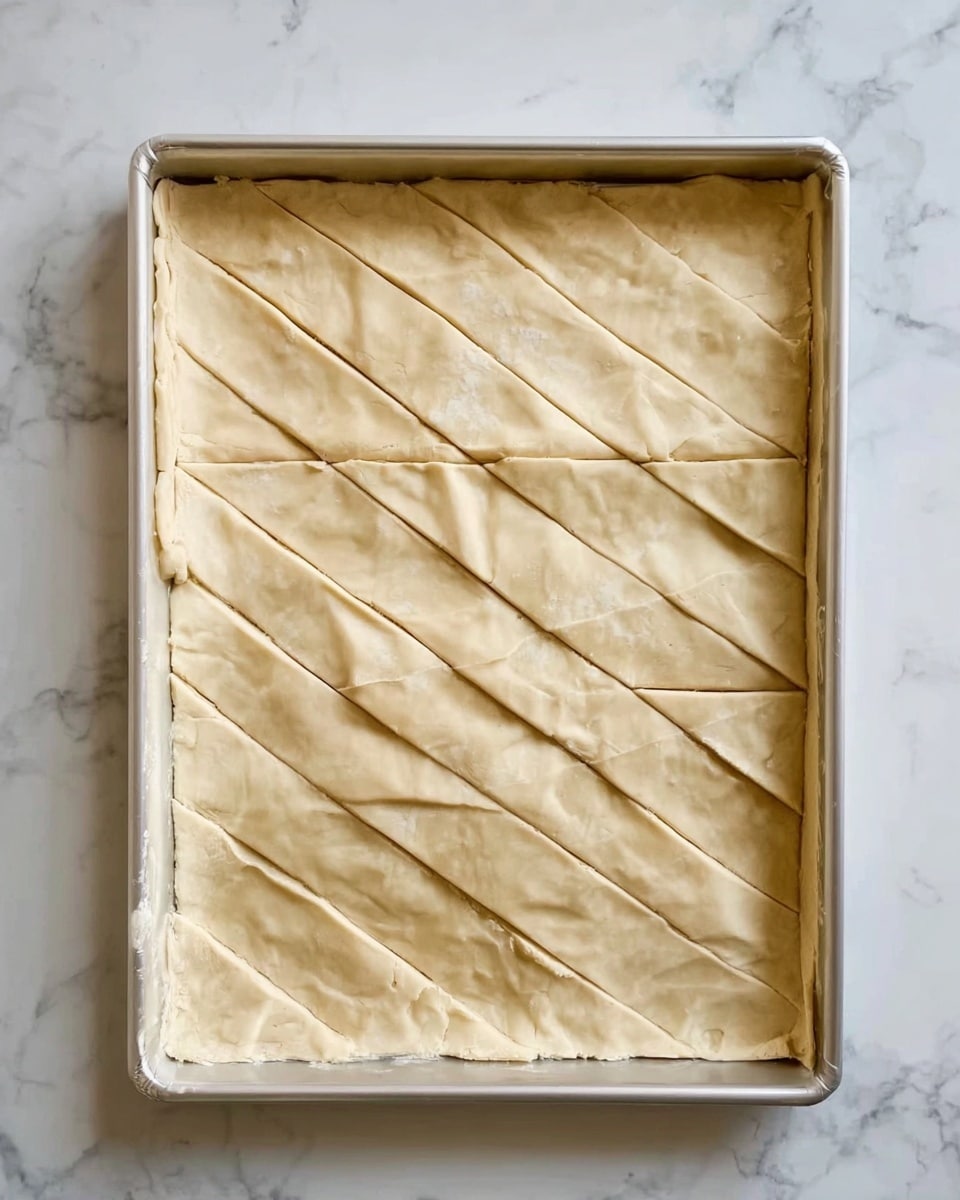 A rectangular tray filled with a large flat layer of pastry dough, light golden-brown in color, slightly shiny and smooth with a few small creases. The dough is scored into diamond shapes, with the cuts forming diagonal lines across the entire surface in even rows. The tray rests on a white marbled surface. Photo taken with an iphone --ar 4:5 --v 7