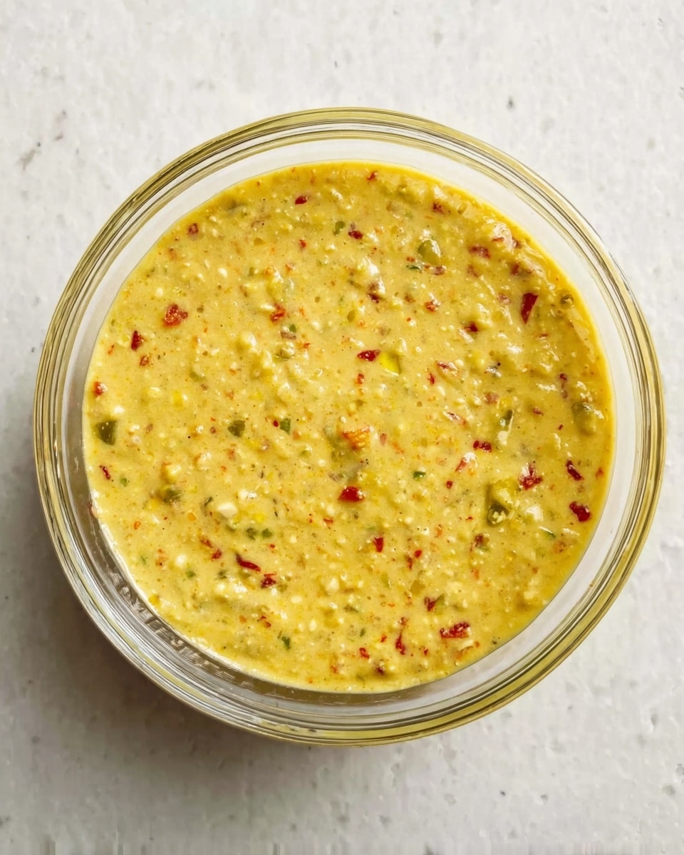 A clear glass bowl filled with a thick yellow mixture that has small pieces of red, green, and lighter yellow bits spread evenly throughout, giving it a speckled and textured look. The bowl is placed on a white marbled surface, and the mixture appears creamy but with visible small chunks. photo taken with an iphone --ar 4:5 --v 7